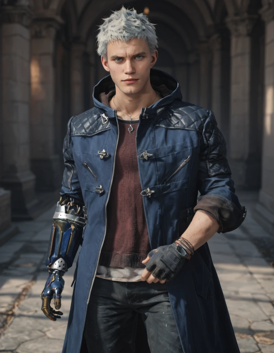 score_9, score_8_up, score_7_up, score_6_up, score_5_up, score_4, solo
BREAK <lora:Nero_-_DMC_5_-_Pony:0.8> dmc5_nero, male, white hair, blue eyes, necklace, blue coat, hood down, bracelet, single glove, pants, single mechanical arm