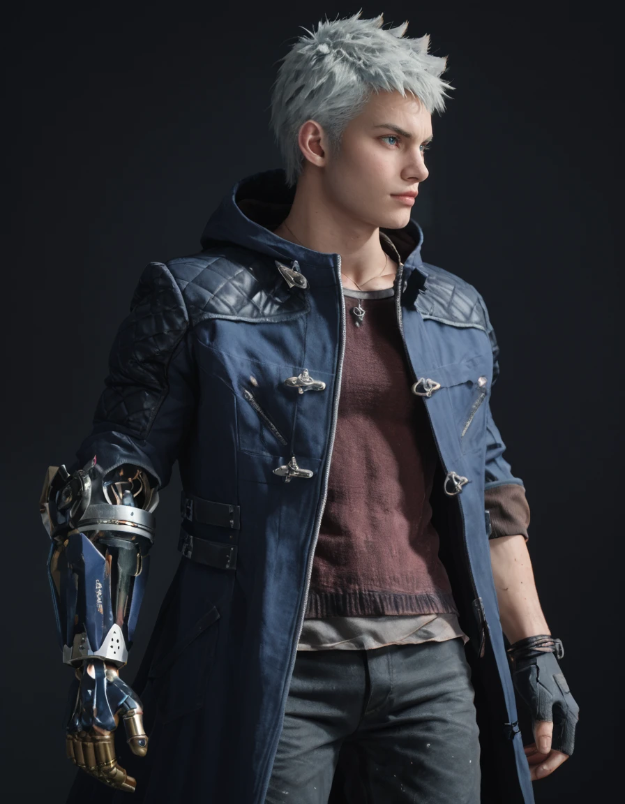 score_9, score_8_up, score_7_up, score_6_up, score_5_up, score_4, solo
BREAK <lora:Nero_-_DMC_5_-_Pony:0.8> dmc5_nero, white hair, blue eyes, necklace, blue coat, hood down, single glove, pants, single mechanical arm