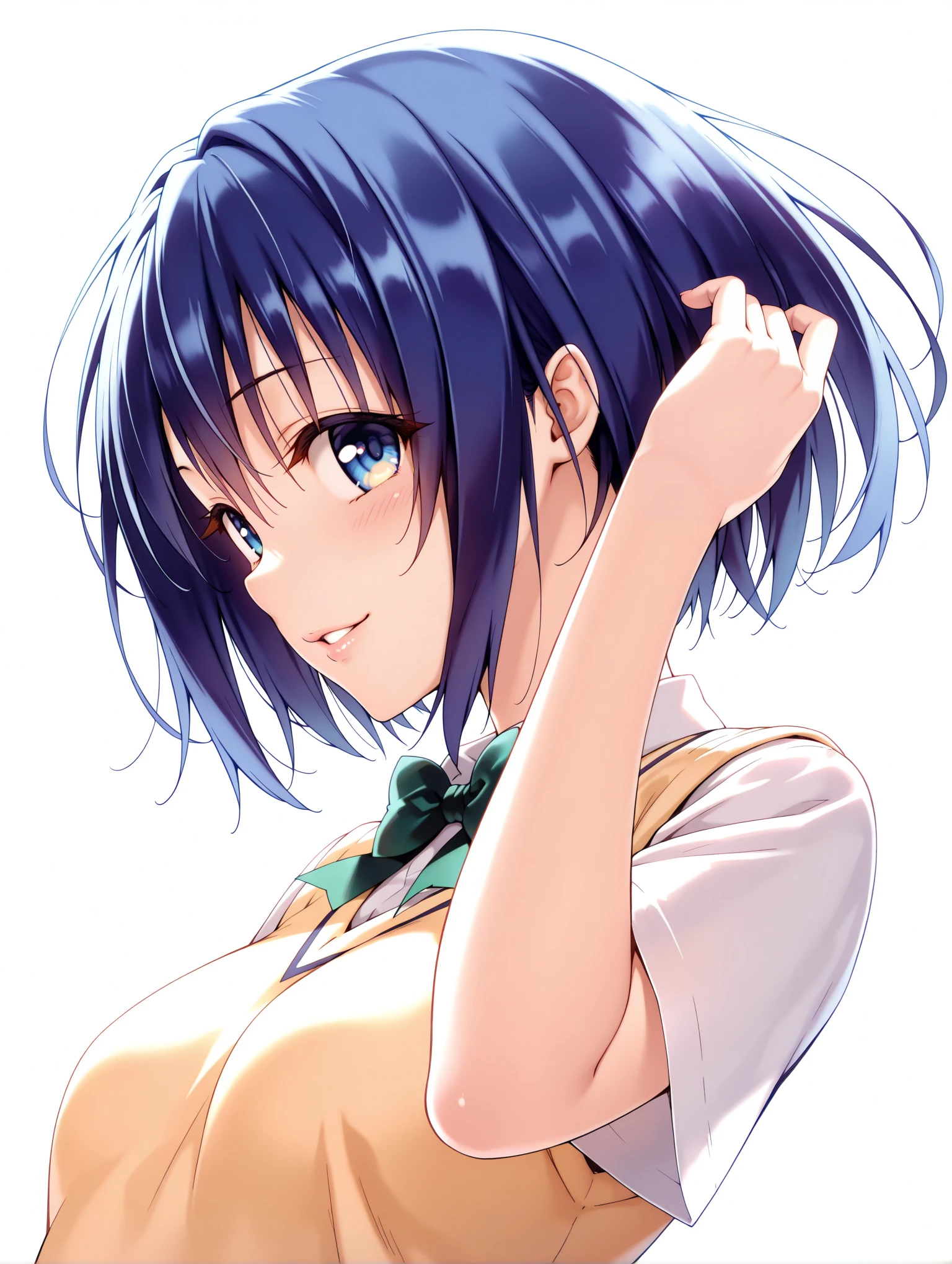 masterpiece,best quality,amazing quality,solo,1girl,
<lora:s_haruna_ilxl_v1:1>,haruna,blue hair,blue eyes,h_clothes,short sleeve blouse,school uniform,sweater vest,
<lora:Fixhands_anime_bdsqlsz_V1:1>,dynamic_angle,cinematic_angle,seductive_smile,white background,simple_background,hand_in_hair,light_blush,profile,parted lips,looking_at_viewer,