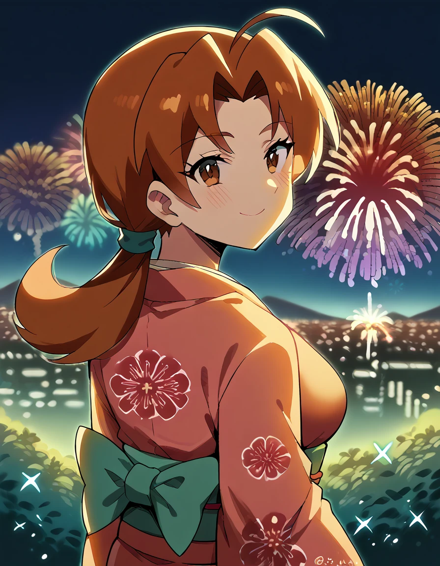 score_9, score_8_up, score_7_up, source_anime, <lora:delia-ketchum-ponyxl-lora-nochekaiser:1> deliaketchum, brown hair, brown eyes, parted bangs, ahoge, ponytail, low ponytail, medium breasts, mature female, <lora:aerial-fireworks-ponyxl-lora-nochekaiser:1>, aerial fireworks, blurry background, blush, smile, fireworks, from behind, looking at viewer, looking back, night, night sky, outdoors, sparkle,, japanese clothes, kimono, new year, obi, obiage, obijime, sash, wide sleeves, floral print, <lora:shaft-look-ponyxl-lora-nochekaiser:1>, shaft look, looking back, from behind, head tilt,, cowboy shot, solo, cityscape, mountainous horizon, night, outdoors,