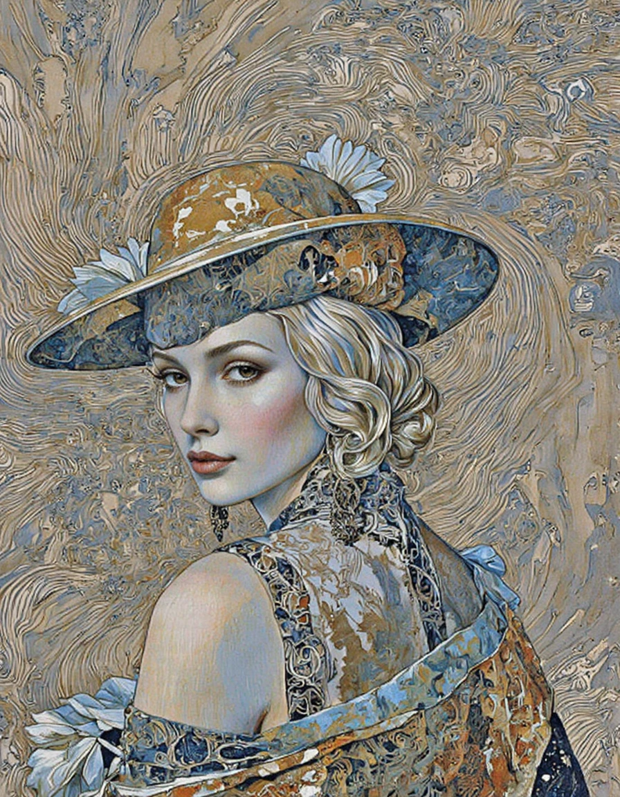 This image is a highly detailed, digital illustration featuring a woman with a striking, sophisticated appearance. She has fair skin and wavy, shoulder-length hair that cascades elegantly around her face. Her eyes are almond-shaped and a deep, captivating brown, accentuated by thick, dark eyelashes. She wears a wide-brimmed hat, made of a rich, dark brown fabric with intricate patterns and textures, which casts a shadow over her face, adding depth and mystery. Her lips are full and painted a deep, matte red, adding a touch of sensuality to her expression. She is adorned with large, ornate earrings that dangle from her ears, adding a touch of glamour and elegance.
The background is a complex, swirling pattern of light and dark browns, creating a sense of movement and depth. The texture of the background is detailed with fine lines and intricate patterns, giving it a slightly abstract quality. The overall style of the illustration is realistic yet stylized, with a focus on fine details and textures. The woman's expression is calm and composed, exuding a sense of confidence and sophistication. The image is a harmonious blend of realism and artistic expression, capturing the essence of modern elegance. <lora:Illustration_Style_IV-3:1>