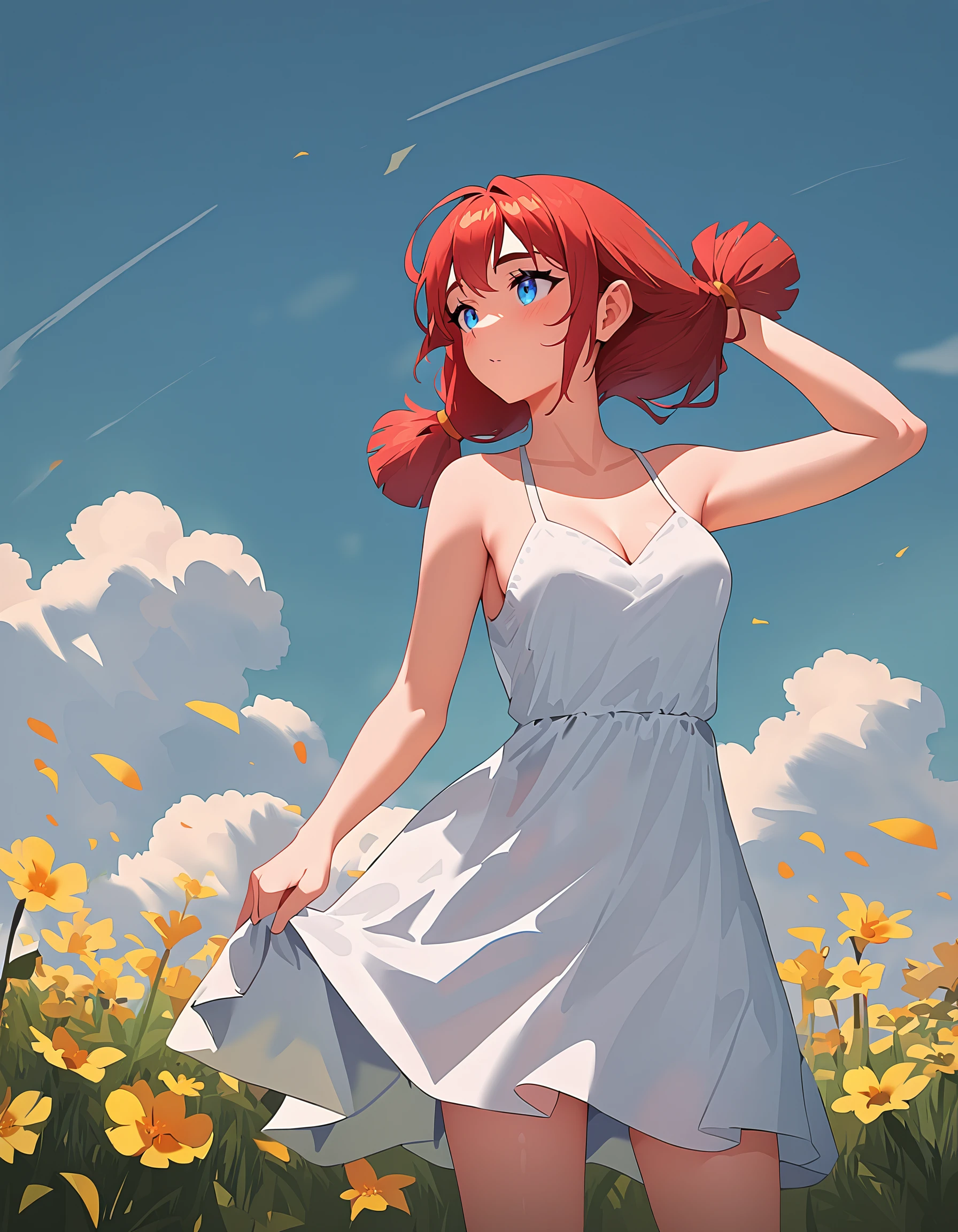 masterpiece, best quality,  ,

1girl, us, red hair, blue eyes, low twintails, medium breasts, low_twintails,

white summer dress,
 
standing, posing, grass, wind, summer, sky, clouds, flower field,  
 
 