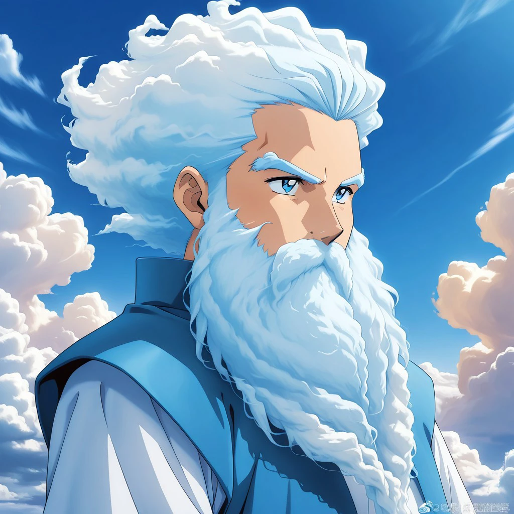 masterpiece, best quality, newest, absurdres, highres,  anime, anime style, vintage anime, 90s anime, Air(Theme), 1boy, air elemental, cloud beard cloud hair