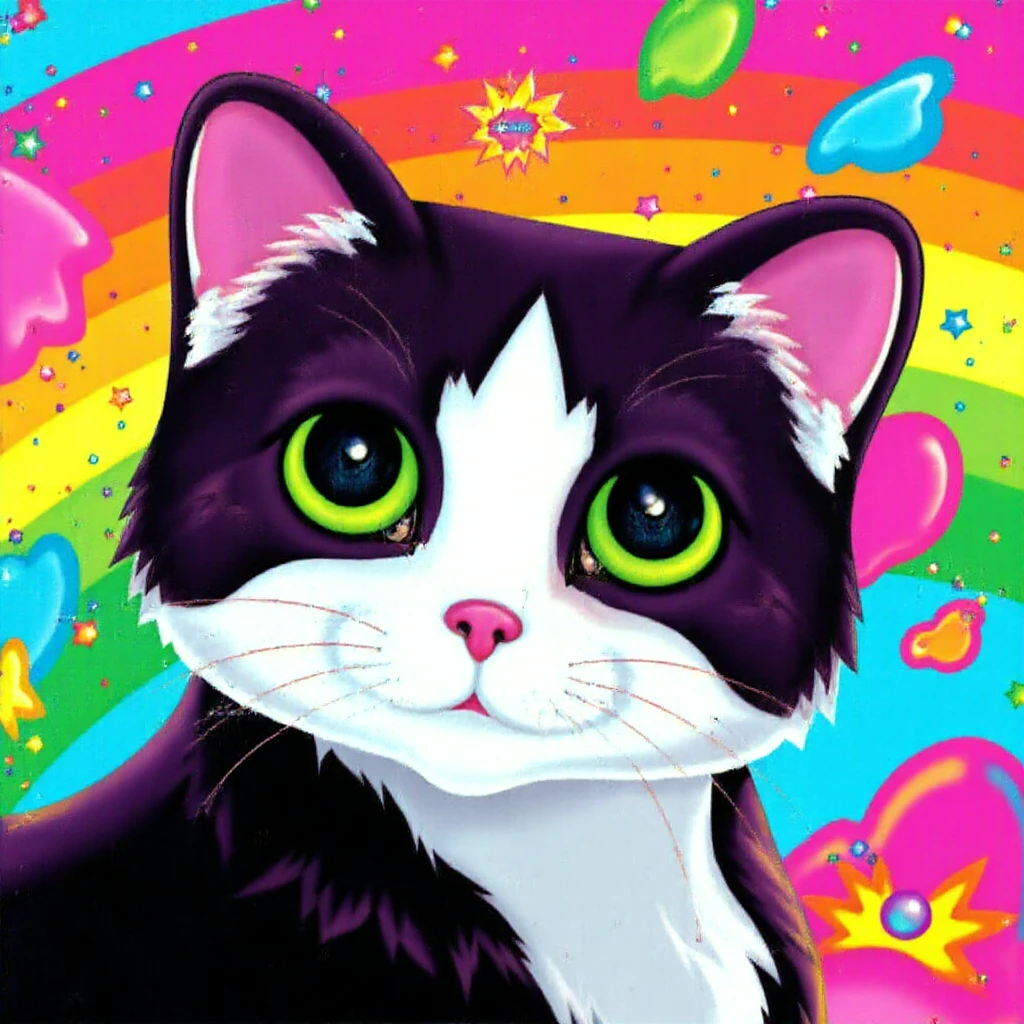 L1saFrank, a colorful digital drawing of Berkeley Cat, a black and white cat, with large expressive green eyes. The artwork is whimsical and cartoonish, with bright colors and a rainbow-themed background. <lora:L1saFrank_epoch_6:1> <lora:Berkeley_FLUX_3:1> <lora:Hyper-FLUX.1-dev-8steps-lora:0.15>