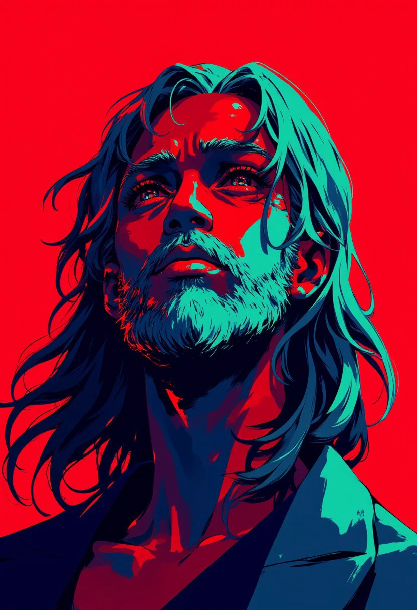 high contrast neon anime style in deep reds and teal color, buff Jesus, HCANstyle