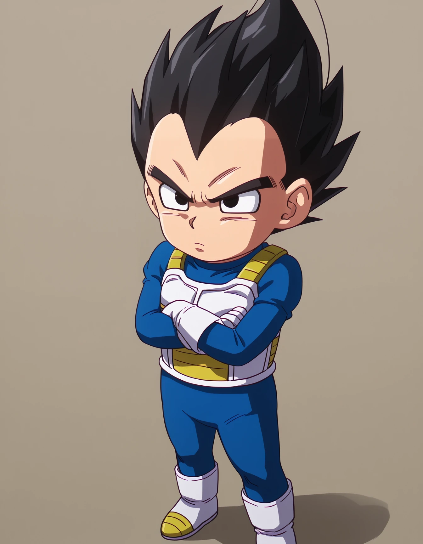 IllustriousQual, simple background, high quality, solo,
<lora:Daima-IL_epoch_12:0.8> dbdaima, vegeta, black hair, black eyes, spiked hair, saiyan armor, blue bodysuit, white gloves, white boots, aged down, child, scowl, annoyed, crossed arms,