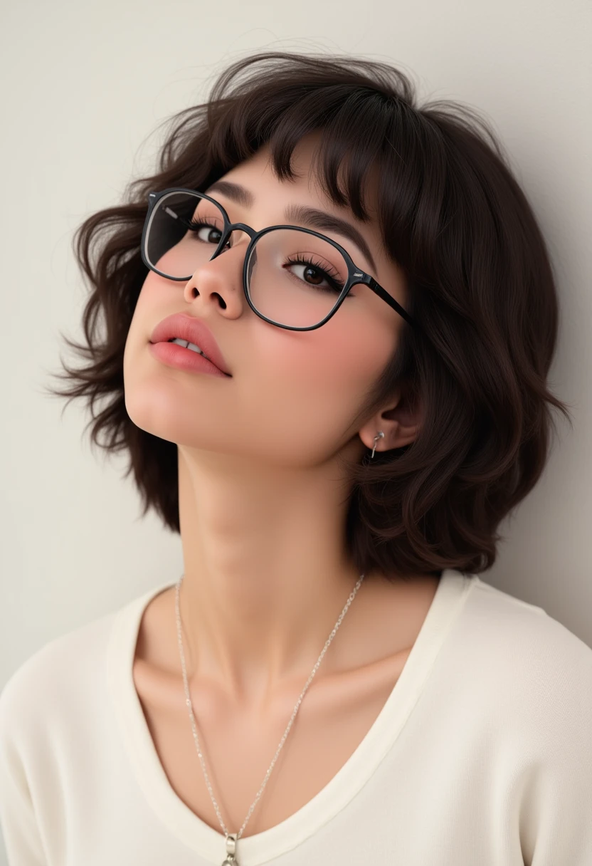 Hyperrealism, she is looking at the camera, (dynamic angles), profile headshots of a beautiful, stunning unique female character. she has hair. her eyes are filled with joy and excitement, extravagant eyelashes,  A photo of K@yla, a woman with short hair and glasses, wearing a white sweater and a necklace. . The woman is posing confidently. simple beige background.  She has a slight smile on her face and is looking directly at the camera. The background is a simple white wall.. making this image a masterpiece of photography and digital art. Style: realistic hyper-detailed rendering, 32k UHD, expressive eyes, punk, graphic design, girl's face, pretty and cute, gleaming lips, white skin, telling a tale of adventure. Exuding confidence and serenity. The background is a simple white wall. The overall mood of the image is happy and relaxed.RAW candid cinema,16mm,color graded portra 400 film,remarkable color,ultra realistic,textured skin,remarkable detailed pupils,realistic dull skin noise,visible skin detail,skin fuzz,dry skin,shot with cinematic camera,detailed skin texture,(blush:0.2),(goosebumps:0.3),subsurface scattering,beautiful photograph in the style of Augustus John,Sergio Toppi,Virginia Frances Sterrett,8k HD,detailed skin texture,ultra realistic,textured skin,analog raw photo,cinematic grain,whimsical,detailed hand,perfect hand.perfect style.