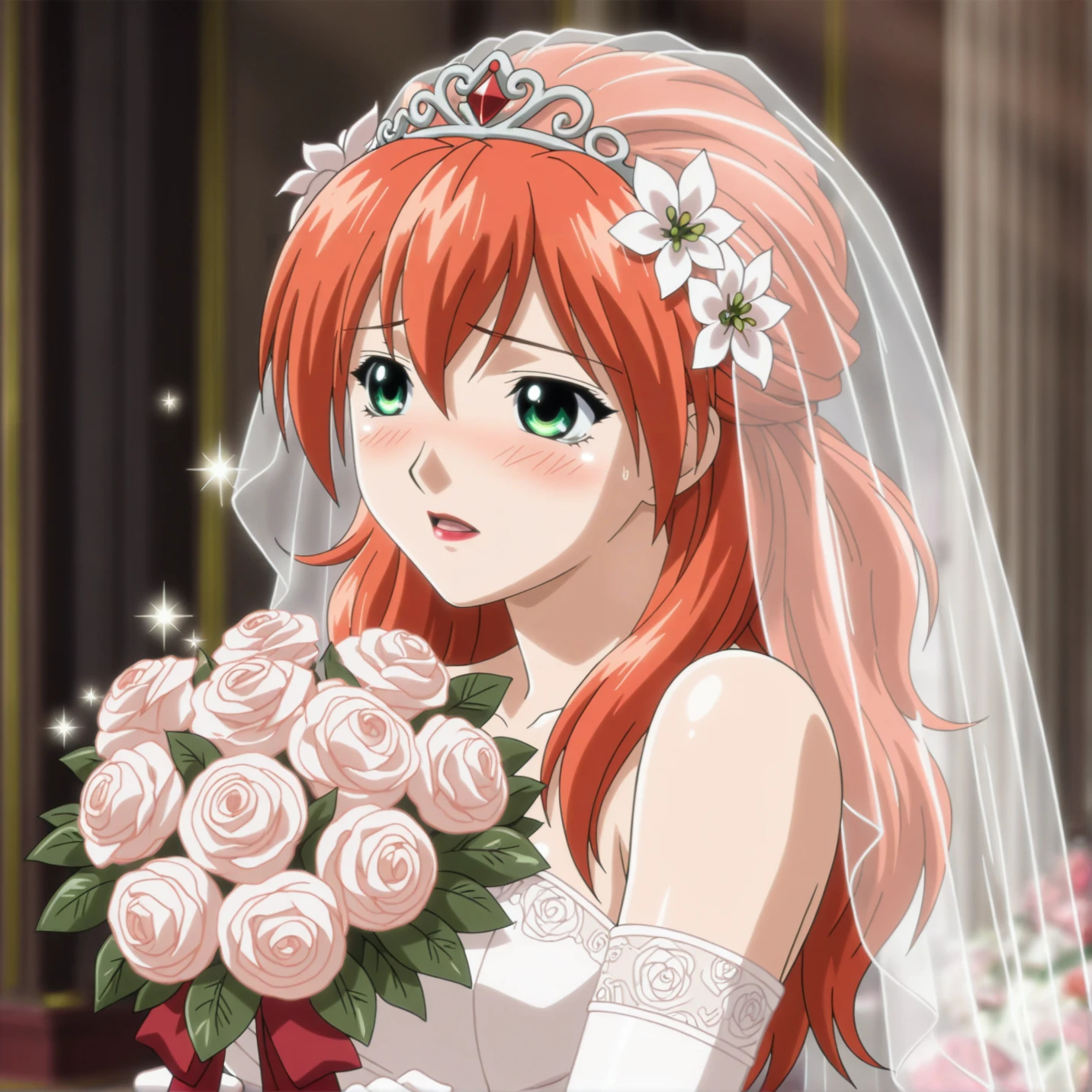 masterpiece, best quality, amazing quality, very aesthetic, absurdres, shuzen_kokoa, 1girl, solo, green eyes, wedding dress, lipstick, alternate hairstyle, long hair, bridal veil, bouquet, sparkle, love, shy <lora:kokoa_v1:0.95>