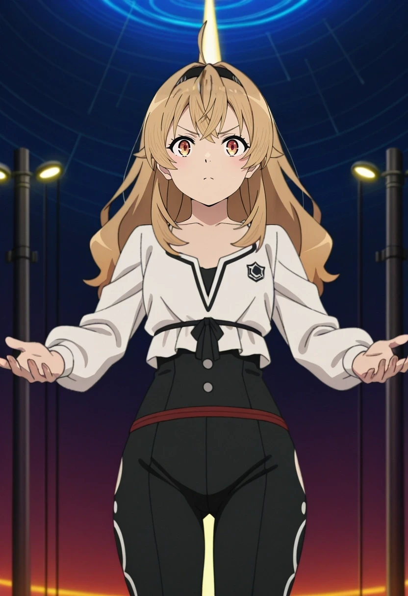 masterpiece, best quality, anime screencap, anime coloring, official style, intricate details, , 1girl, amber eyes, dark blonde hair, crimped hair, hairband, Damask Emerald Cropped leggings, Twill Wrap blouse, , ,, solo, space elevator, glowing capsules, endless skyline, orbital lights, ascending pose, determined expression, futuristic ambiance, <lora:mushoku_tensei_style_ilxl:1>, mushoku_tensei_style,