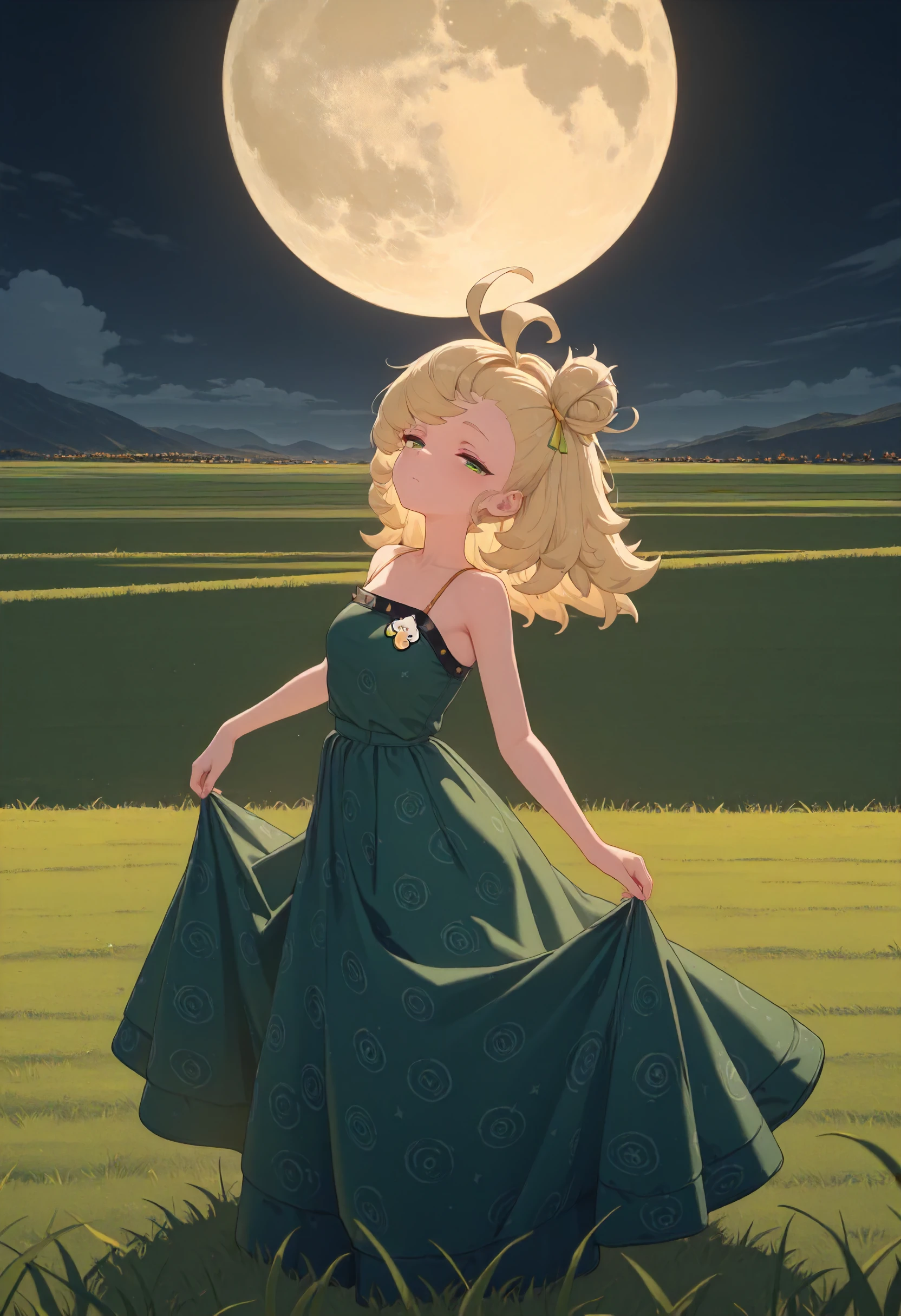 masterpiece, best quality, amazing quality, very aesthetic, absurdres, newest, scenery, volumetric lighting, perfect eyes, ultra detailed,
1girl, Piper Wheel, solo, blonde hair, ahoge, messy hair, hair bun, green eyes, short, tiny, petite,
green dress, dress pattern, long dress, perfect dress,
looking at viewer, dancing, half-closed eyes,
giant moon background, grass field, detailed background, backlighting,
<lora:Piper_Wheel_-_Zenless_Zone_Zero_ZZZ__Illustrious:1>
masterpiece, best quality, amazing quality, very aesthetic, absurdres, newest, scenery, volumetric lighting, perfect eyes, ultra detailed,
