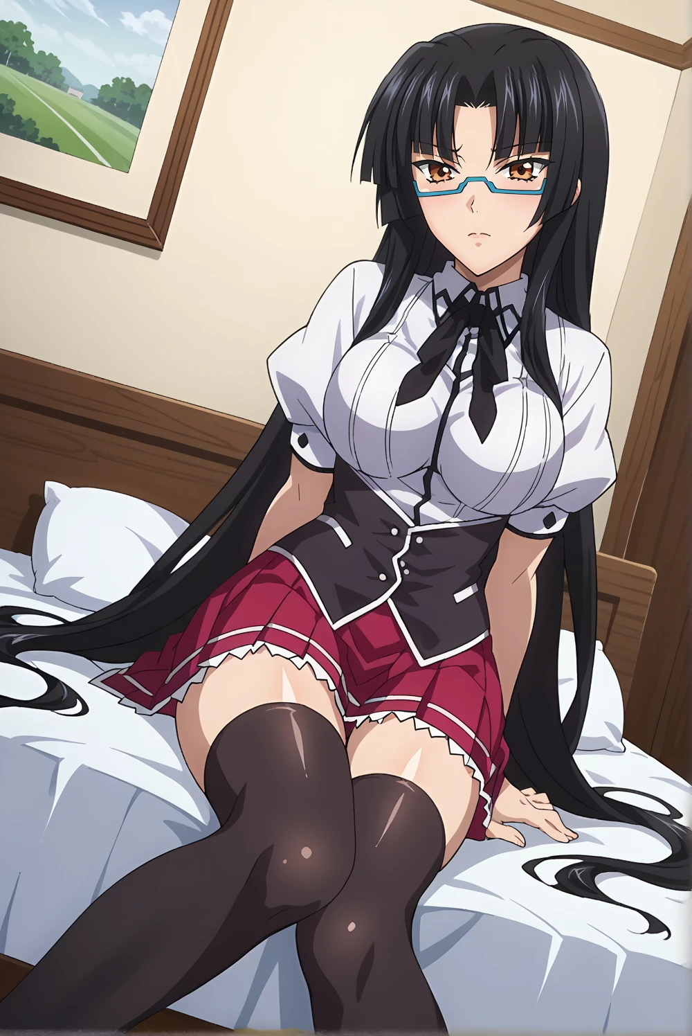 1 girl, alone, sanshokuin sumireko, masterpiece, best quality, black hair, blue eyes, very long hair, low braids, glasses, black playboy bunny outfit, black pantyhose, black rabbit headband, big breasts, medium hips, thighs wide, big breasts, medium waist, wide hips, medium sized thighs, round ass, from behind, atmospheric perspective, depth of field, looking at viewer, beautiful detailed eyes, anime eyes: 1.4, (portrait), sexy pose, angle dynamic, (interior, night, dark, room, bedroom), (lying on bed,:1.5, facing viewer, point of view (from above) embarrassed, seductive, perfect hands, perfect anatomy,