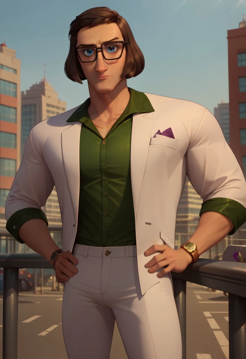 ((city background)),score_9, score_8_up, score_7_up,score_6_up,
1boy, solo, SuperScott_HI, light skin, blue eyes, dark brown hair, long-haired bob-cut, glasses, dark brown eyebrows, white blazzer, patterned dark green shirt, formal white pants, purple napkin in blazzer pocket, gold watch on arm, formal black shoes, wide shoulders, broad chest, defined arms, tall stature, big eyes, perfect eyes, cowboyshot, hands on hips, looking at the viewer, standing