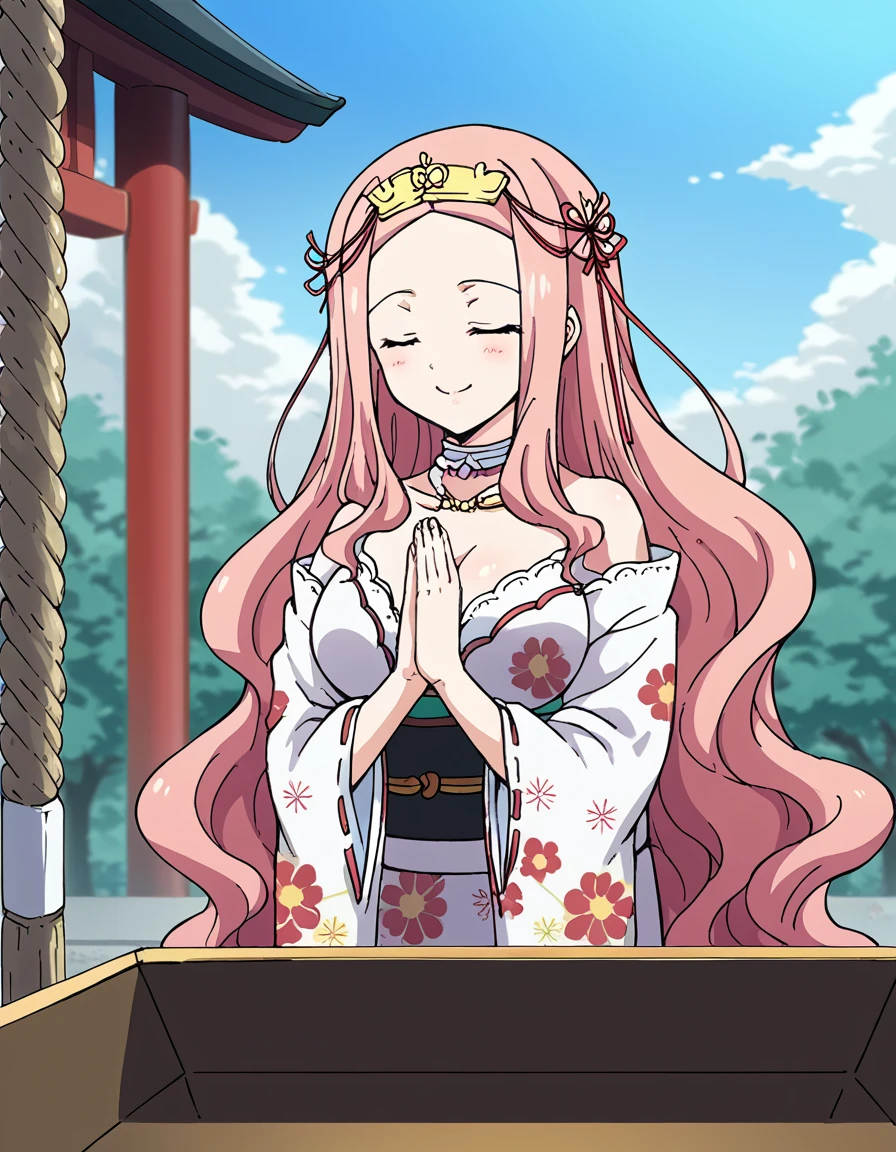 score_9, score_8_up, score_7_up, source_anime, <lora:prim-fiofire-ponyxl-lora-nochekaiser:1>, prim fiofire, long hair, very long hair, pink hair, large breasts, <lora:shrine-praying-ponyxl-lora-nochekaiser:1>, praying, japanese clothes, kimono, new year, obi, obiage, obijime, own hands clasped, own hands together, sash, shrine, wide sleeves, closed eyes, floral print,, blue sky, box, donation box, rope, shimenawa, shrine, tress ribbon, wind chime, smile, blush,, cowboy shot, solo