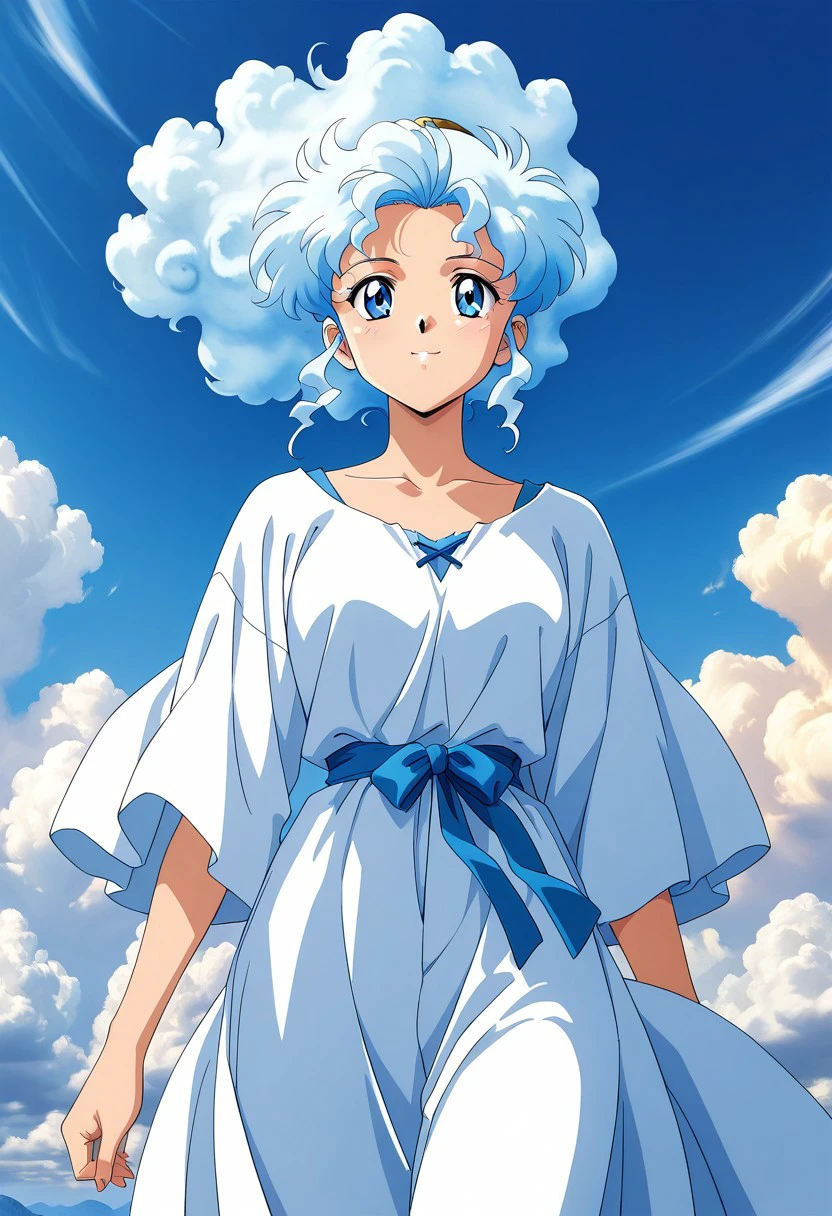 masterpiece, best quality, newest, absurdres, highres,  anime, anime style, vintage anime, 90s anime, Air(Theme), 1girl, cloud hair, air elemental,