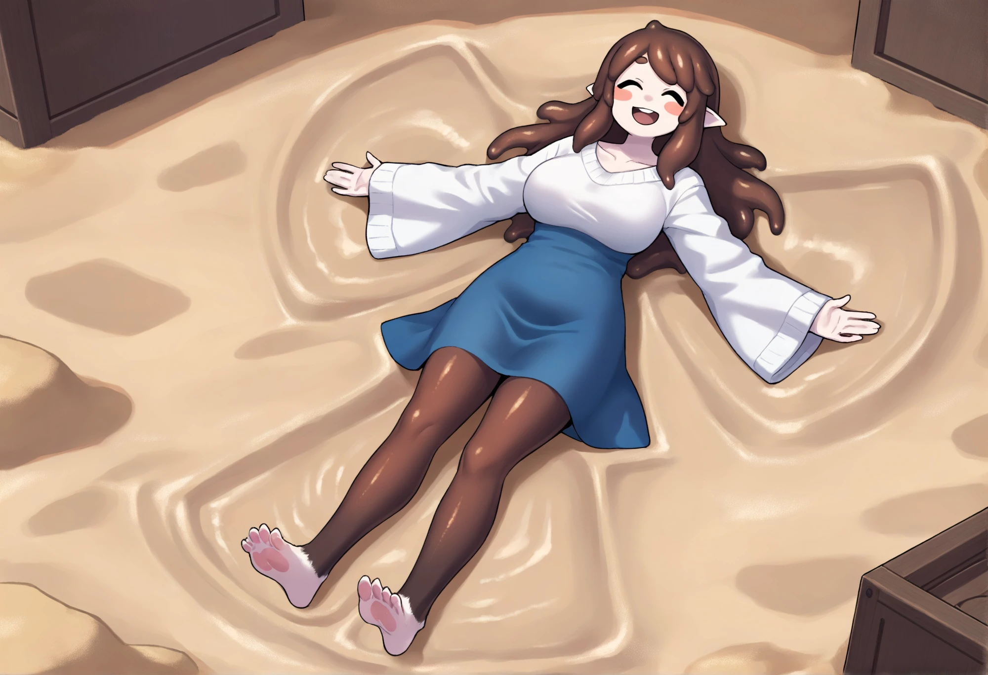 masterpiece, best quality, very aesthetic, newest, safe,
1girl,
snongel, sand, :3, arms at sides, full body, happy, legs together, long sleeves, lying, monster girl, on back, long hair, solo, spread arms, slime girl, multicolored fur, casual clothes, closed eyes, :d, sweater, on floor, open mouth, wide sleeves, mature female, barefoot, brown hair, dress, pointy ears, collarbone, sidelocks, blue dress, teeth, smile, blush stickers, white sweater, ^_^, colored skin, facing viewer