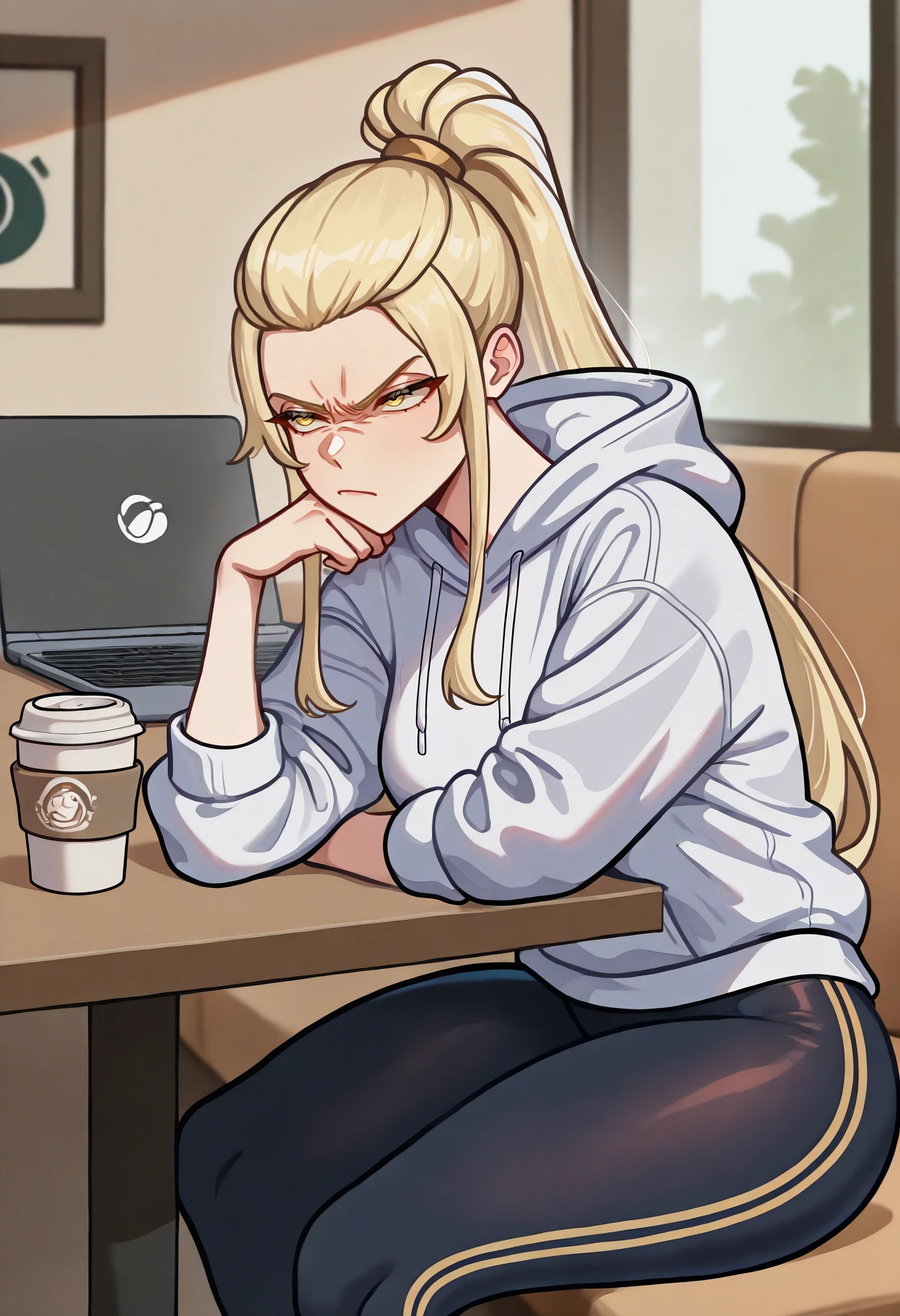 masterpiece, best quality, newest, absurdres, highres, 1girl, sitting, scowl, elbow rest, <lora:JadeFE-illu:1> csJade, blonde hair, long hair, high ponytail, sidelocks, yellow eyes, white hoodie, yoga pants, coffee cup, disposable cup, laptop, table, cafe, indoors, window