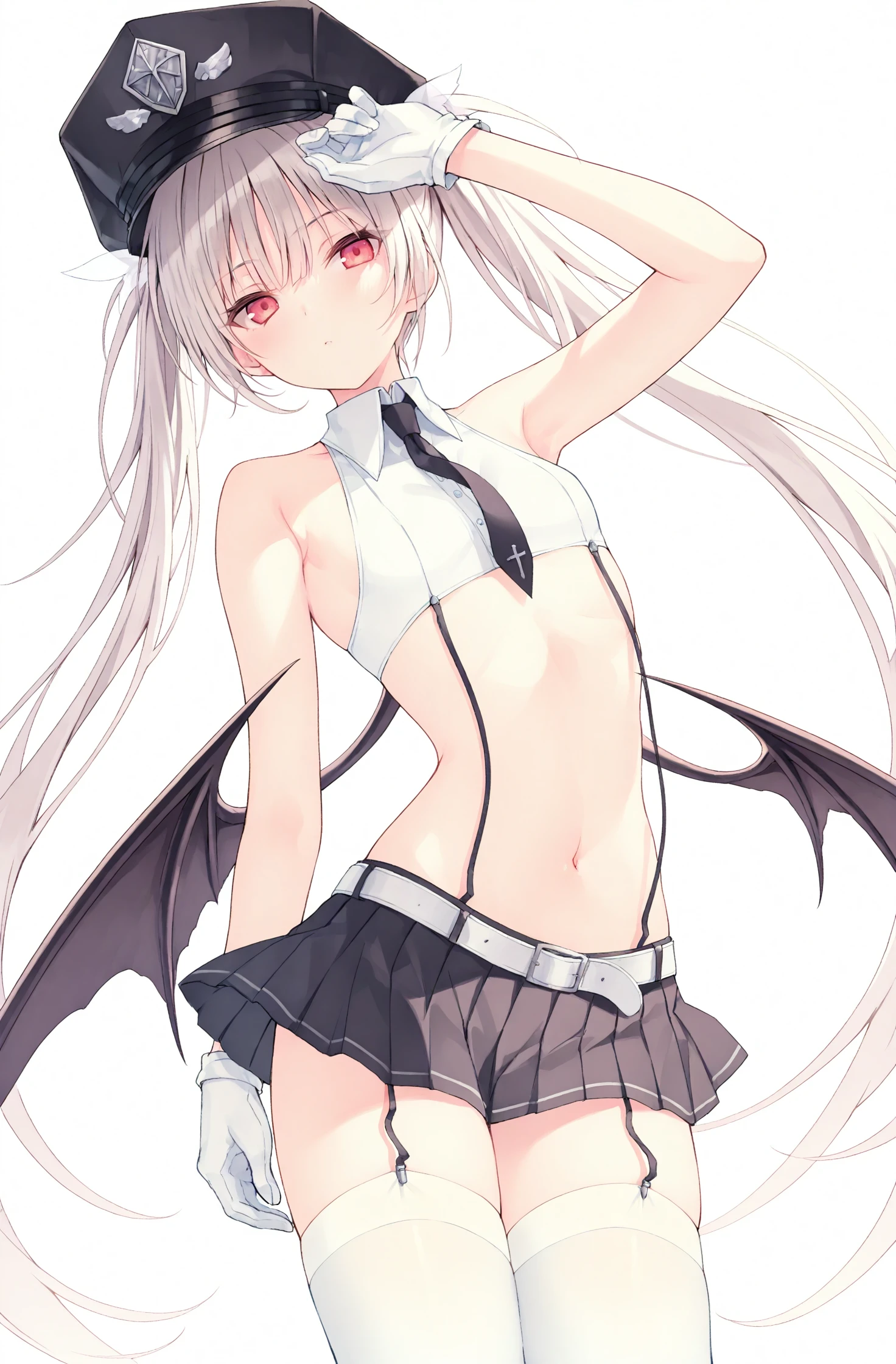masterpiece, best quality, rurudo, 1girl, solo, long hair, sleeveless shirt, thighhighs, skirt, navel, gloves, sleeveless, white gloves, hat, shirt, miniskirt, armpits, bare shoulders, stomach, twintails, white shirt, crop top, suspenders, white thighhighs, necktie, midriff, peaked cap, black skirt, looking at viewer, black headwear, red eyes, white background, pleated skirt, breasts, wings, collared shirt, arm up, simple background, cowboy shot, bare arms, very long hair, white hair, garter straps, small breasts, thighs, belt, zettai ryouiki, standing, revealing clothes, black necktie