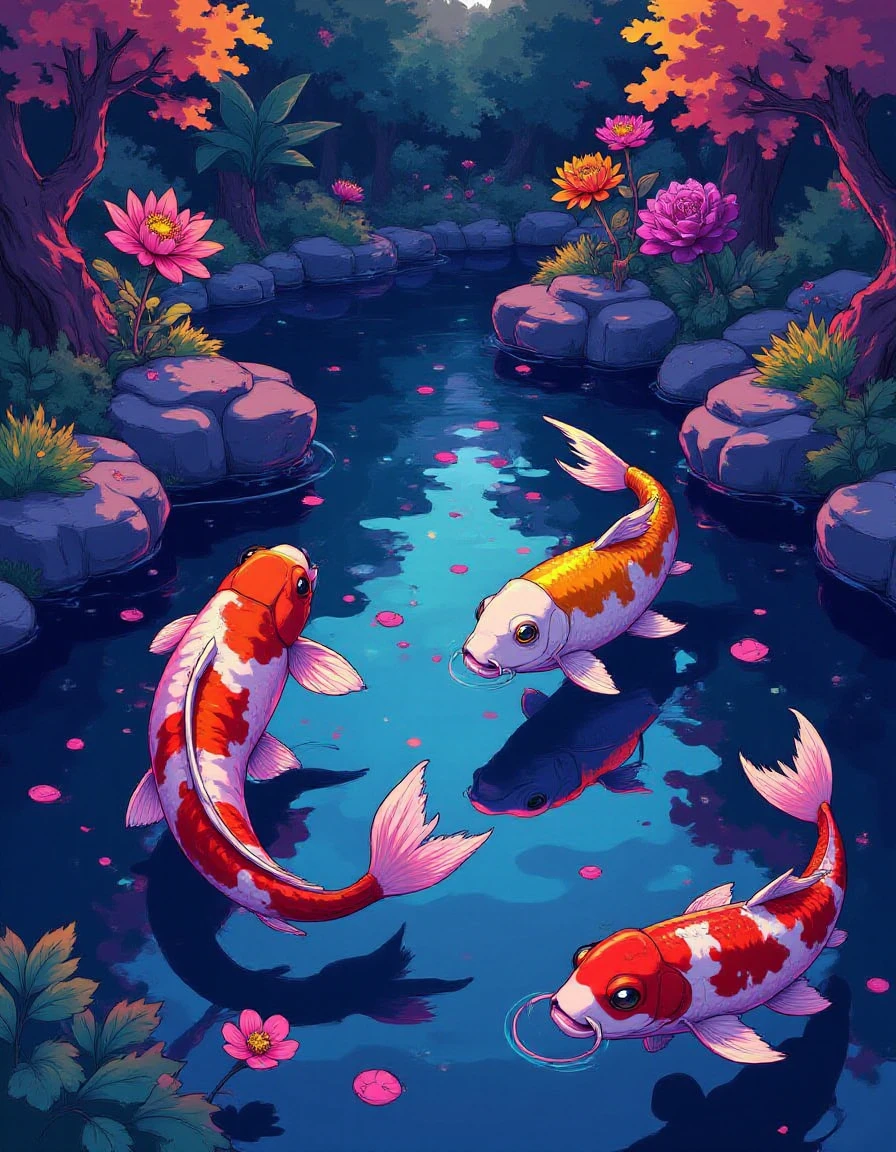 koi pond  in the style of liquid neon <lora:liquid-neon:1>