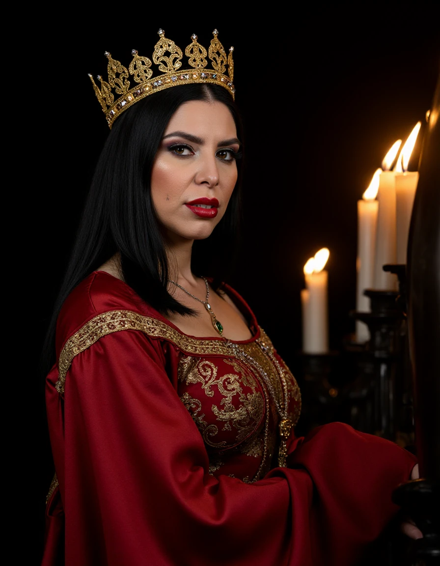 High quality professional photography. side shoot,woman,She has a slightly curvy figure with a noticeable bust.Esc_KiraQueen,<lora:Esc_KiraQueen:0.8>,
upper body portrait of a gorgeous brunette woman with pale skin as a queen wearing a red medieval dress with intricate golden details. She is also wearing a golden crown on her head. Her hair is long and straight. Wearing a necklace and armbands.,
RAW photo,masterpiece,photorealistic,8k,stunning eyes,skin detail,skin pores,blemishes,
(face bathed in patterned light:1.3),(speckled shadows:1.2),(captivating gaze:1.1),(contrast of light and texture:1.2),artistic interplay,(sharp luminous streaks:1.1),(detailed iris:1.1),Sony Î±7R IV,1/320s,f/2.8,ISO 400,(enigmatic expression:1.2),(highlighted facial contours:1.1),(intimate portraiture:1.2),Dim and diffuse lighting in a dark environment. Medieval themed. Candles lit in the background. Medieval dark fantasy themed. dark red rose petals, erotic, sensual, sexy, awesome, backlight, HDR, 8K, award-winning photography, best style, correct fingers, accurate anatomy, trending,