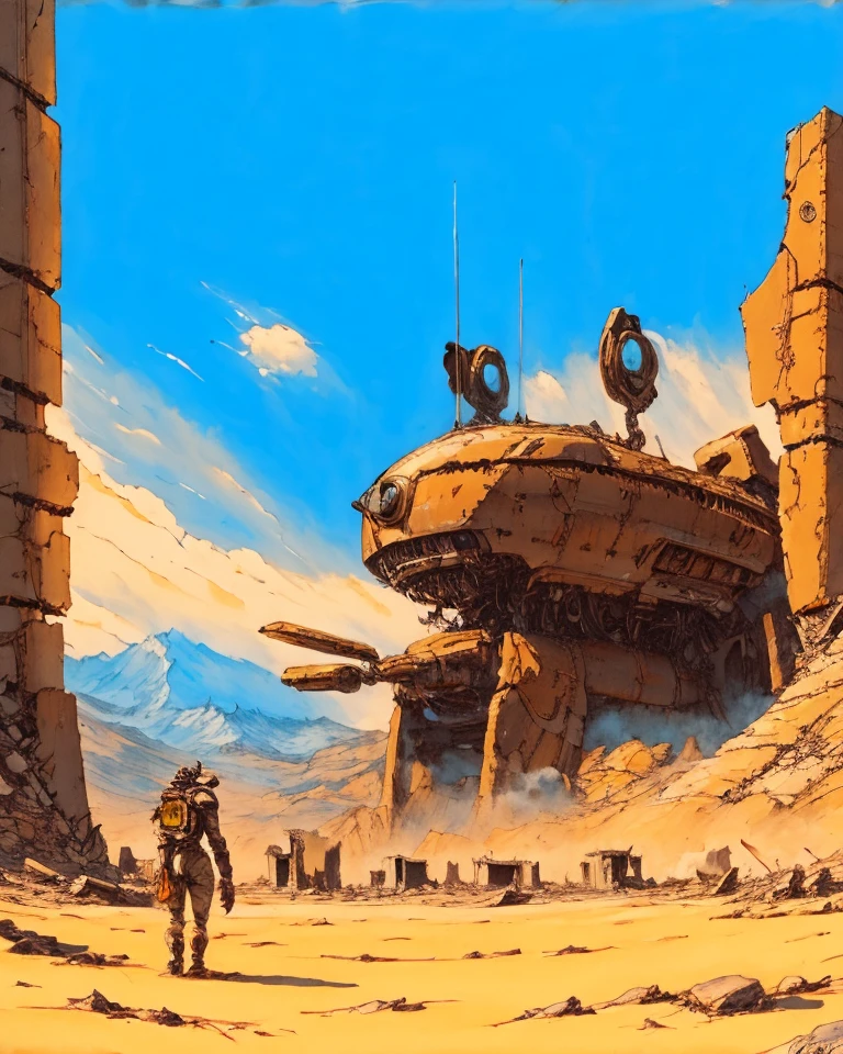 <lora:Retrocom1-SD1:0.95> A robot, sandstorm, mountains, ruins, windblown