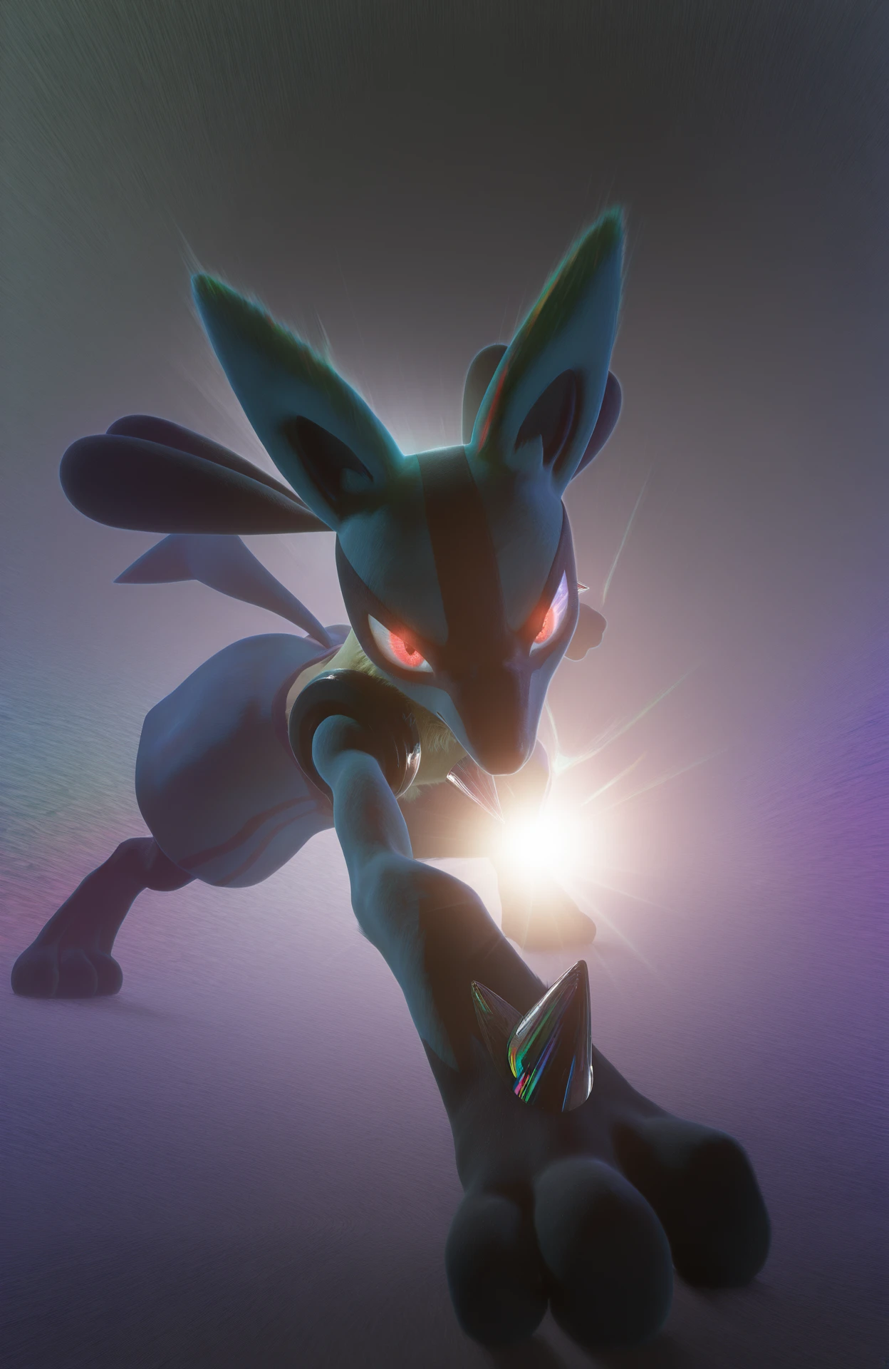 masterpiece, best quality, high quality, good quality, absurdres, newest, very awa, 1boy, lucario, pokemon, color splash, safe, glowing eyes, dramatic lighting, dramatic pose, perspective, abstract background, rainbow, glitch, chromatic aberration, light beam, looking at viewer  <lora:BCkiwis_3D_Art_Style_ILNOOB-000014:1>