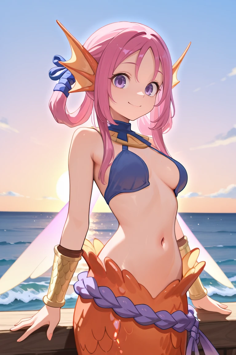 masterpiece, very aesthetic, absurdres, best quality, amazing quality, high resolution, <lora:illustrious_quality_modifiers_masterpieces_v1:0.8> , <lora:ChamIllustriousBackgroundEnhancer:0.5>, solo, <lora:NietzscheIL:0.8> , niedef, 1girl, medium breasts, hair rings, pink hair, long hair, sidelocks, purple eyes, monster girl, mermaid, fins, head fins, mermaid tail, orange scales, wings, bracer, jewelry, navel, halterneck, bridgeless bra, bikini top only, blue shimenawa, usekh collar, cowboy shot, smile, looking at viewer, ocean