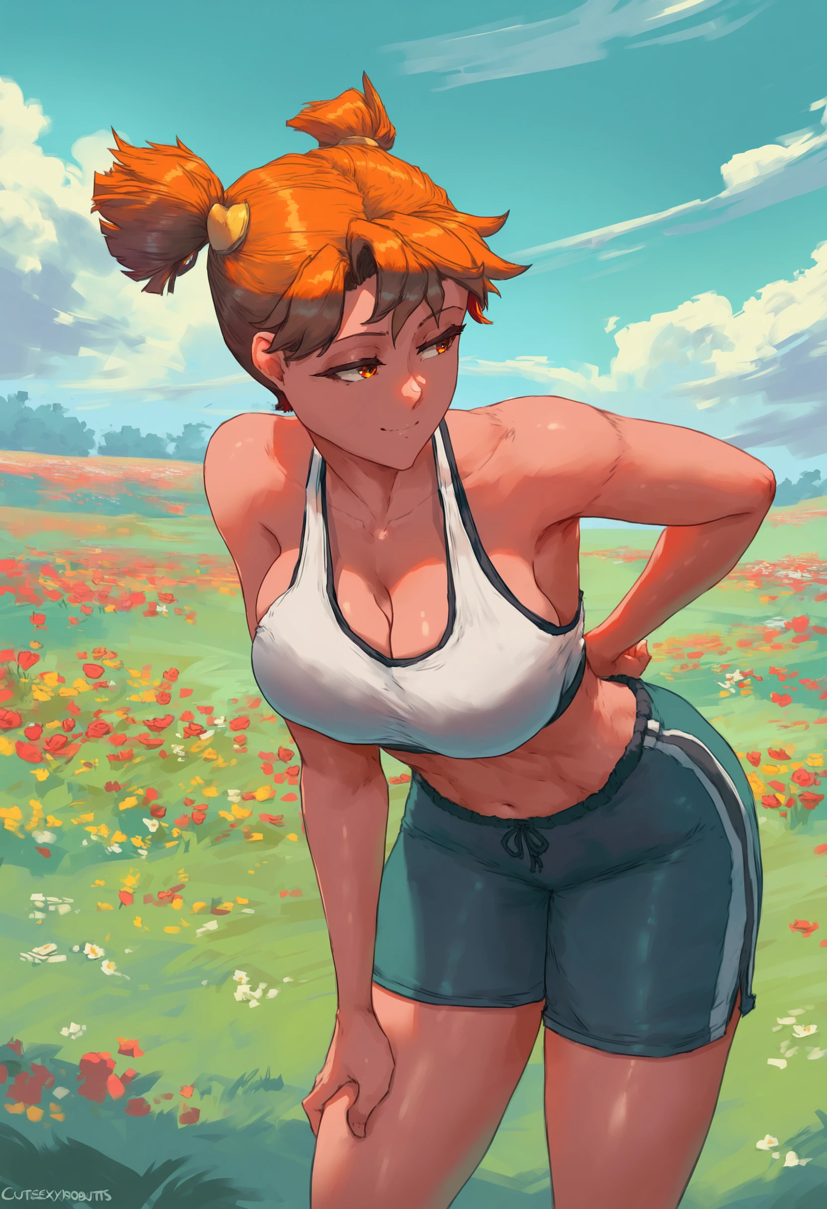 masterpiece, best quality, absurdres, color contrast, gritty, cutesexyrobutts,
cowboy shot, 
1girl, AliceDV, short hair, short twintails, orange hair, orange eyes, large breasts,  

sport bra, sport shorts,
standing, grass, wind, summer, sky, clouds, flower field, smile, sunlight,  
 
standing, grass, wind, summer, sky, clouds, flower field, smile, sunlight, 
 