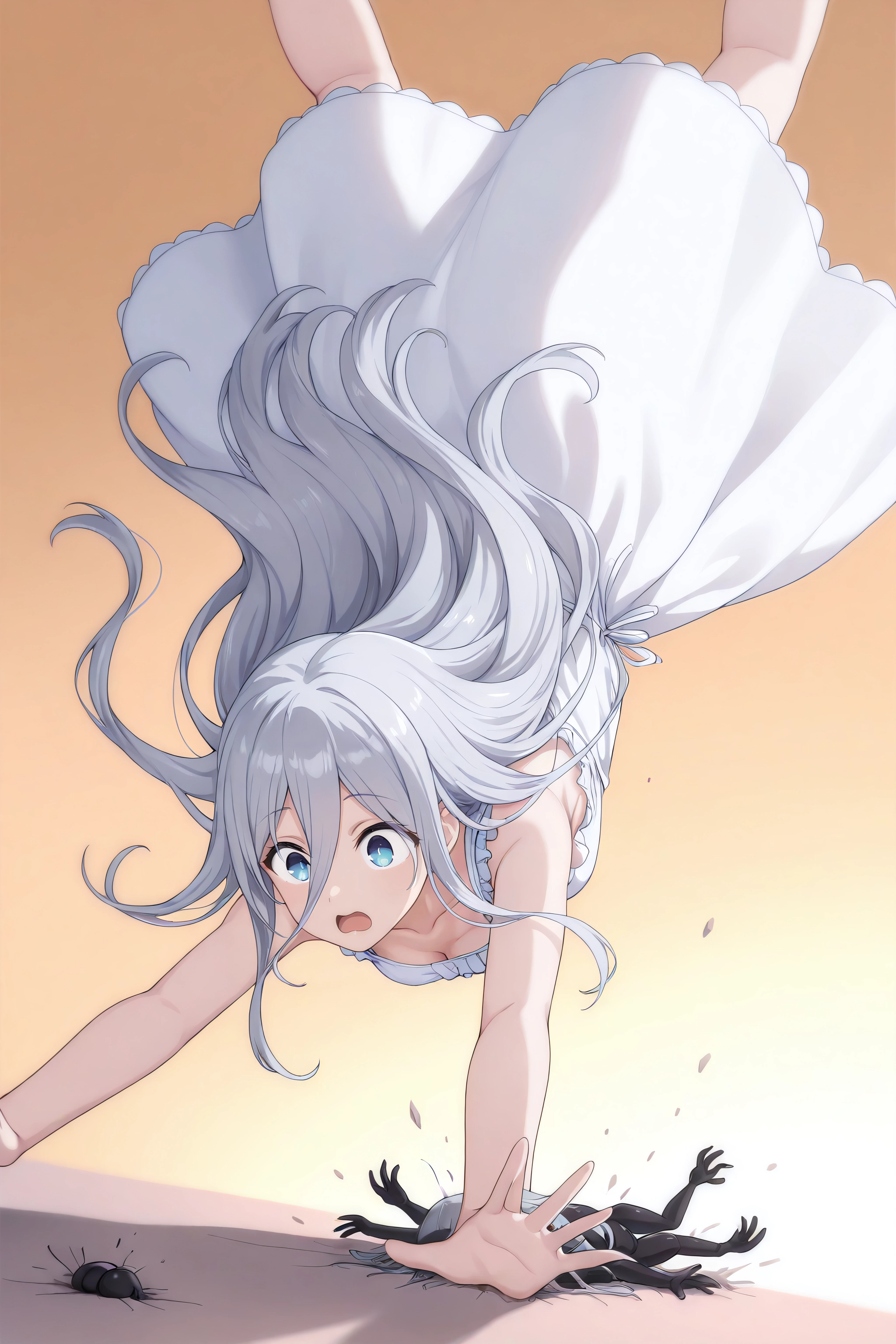 masterpiece, best quality, <lora:Mio Takamiya-Illustrious-lora-Faxtron:1> mio takamiya, blue eyes, grey hair, long hair, hair between eyes, white dress, collarbone, sleeveless, 
 <lora:faceplant_pony_v1.0d:1> faceplant,falling,tripping,outstretched arms,, faceplant, upside-down, full_scorpion,chest stand, faceplant,top-down bottom-up, prostration, arms at sides,