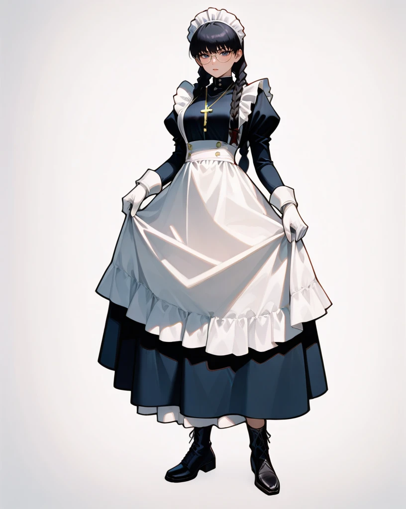 absurdres,newest,roberta,1girl,solo,maid,maid headdress,glasses,cross necklace,twin braids,gloves,apron,long hair,full body,black hair,white gloves,necklace,white background,maid apron,long sleeves,black footwear,looking at viewer,<lora:roberta_01:0.8>,