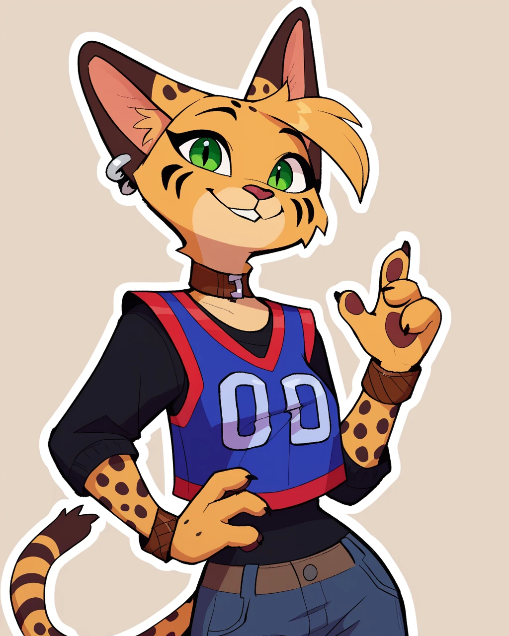 score_9_up, score_8_up, score_7_up, score_6_up, by remanedur, half-length portrait, medium breasts, brown choker, serval, green eyes, female, looking at viewer, tail, 4 fingers, ear piercing, brown bracelet, bracelet, collar, denim bottomwear, denim jeans, brown ears, brown spots, facial markings, jersey, tail, solo, smile, three-quarter view, head tilt, simple background, white outline, <lora:Leah_Pines(AIM)_XL_v1:0.15> <lora:PDXL_artist_tags_v2_big:0.5> <lora:The-Minuscule-Task_PDXL_v1.0:0.6> <lora:Pepper_Paminta_Ruffu:0.55>