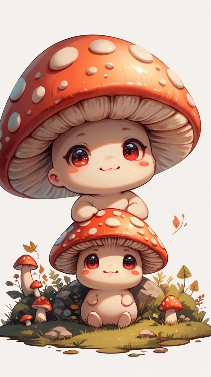 score_9, score_8_up, score_7_up, score_6_up,cute mushroom,simple background, white background, red cap covered in white spot, chibi,kawaii eyes,kawaii mouth,red cheeks, no arms, no feet, grass, leaf, drawing
<lora:cute_mushroom:1>