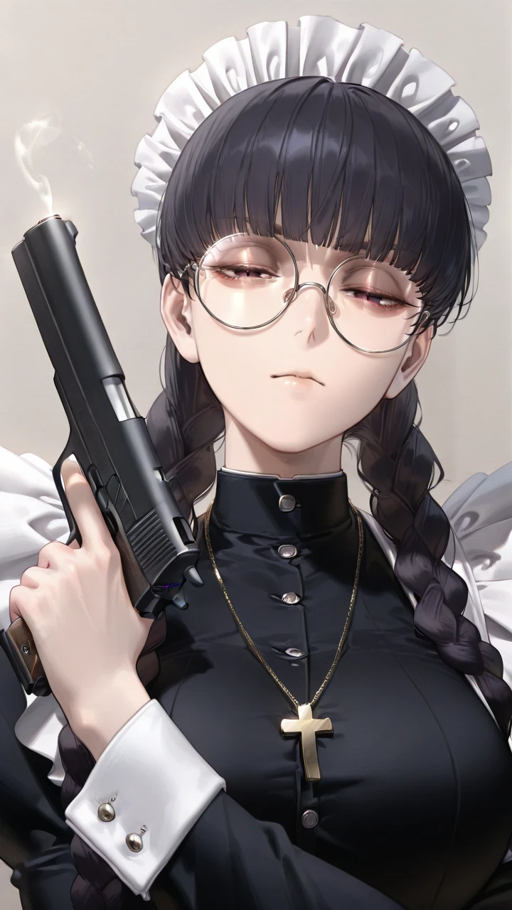 absurdres,newest,roberta,1girl,gun,cross necklace,solo,jewelry,necklace,glasses,twin braids,holding gun,maid headdress,maid,handgun,long hair,round eyewear,looking at viewer,upper body,breasts,blunt bangs,closed mouth,half-closed eyes,long sleeves,simple background,latin cross,<lora:roberta_01:1>,