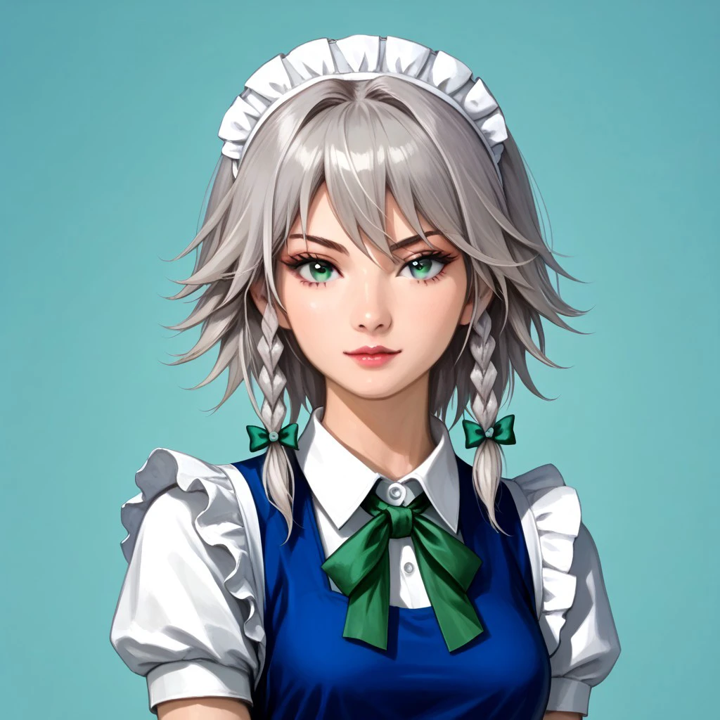 ((RTKXI style)), (145), ((portrait)), ((painted)), ((realistic)), simple background, upper body, 1girl, solo, looking at viewer, ((izayoi sakuya)), (grey hair), (short hair), (grey eyes), maid headdress, twin braids, hair bow, white apron, waist apron, green bow, blue dress, puffy short sleeves, white shirt, maid apron, frilled apron