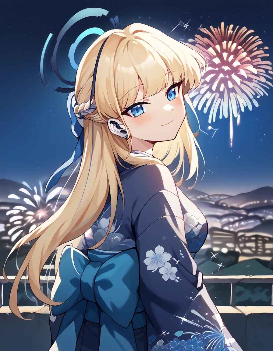 score_9, score_8_up, score_7_up, source_anime, <lora:toki-asuma-ponyxl-lora-nochekaiser:1> toki, blonde hair, blue eyes, long hair, halo, medium breasts, <lora:aerial-fireworks-ponyxl-lora-nochekaiser:1>, aerial fireworks, blurry background, blush, smile, fireworks, from behind, looking at viewer, looking back, night, night sky, outdoors, sparkle,, japanese clothes, kimono, new year, obi, obiage, obijime, sash, wide sleeves, floral print, <lora:shaft-look-ponyxl-lora-nochekaiser:1>, shaft look, looking back, from behind, head tilt,, cowboy shot, solo, cityscape, mountainous horizon, night, outdoors,