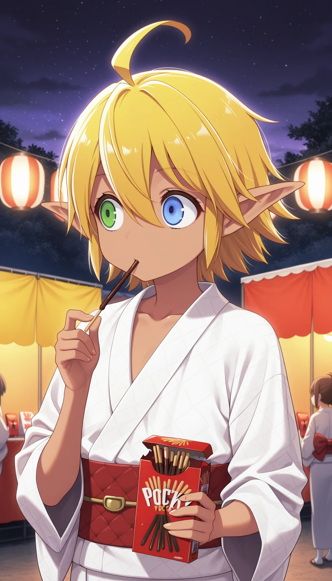 masterpiece,best quality,amazing quality, 1girl, solo, <lora:IlluAura:1> illuaura, dark skin, pointy ears, green eyes, blue eyes, heterochromia, blonde hair, short hair, ahoge, hair between eyes, japanese clothes, white kimono, sash, collarbone, outdoors, night, festival, looking to the side, holding food, pocky, pocky in mouth,