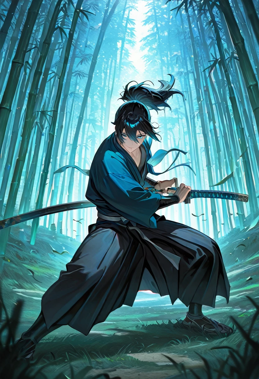 1boy, solo,
black hair, blue eyes,
ponytail,
japanese clothes,
dynamic pose, battoujutsu stance,
sheathed, sheath,
wind, falling leaves,
bamboo forest, bamboo,
outdoors, grass,
(colorful:0.6), (shiny skin:0.8),
masterpiece, best quality, amazing quality, very aesthetic, absurdres, newest, scenery, (volumetric lighting:1.1), depth of field <lora:Battoujutsu_Stance:1>