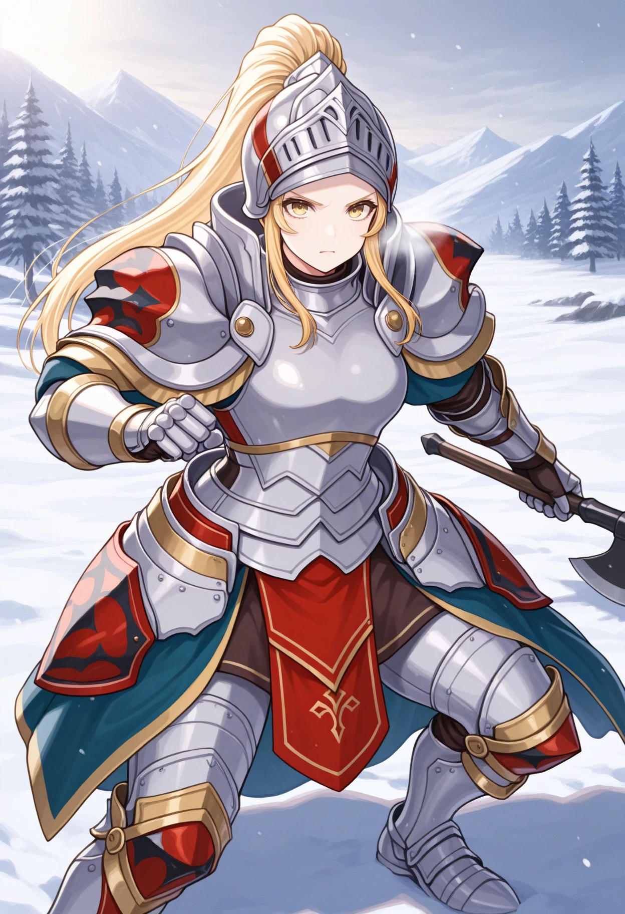 masterpiece, best quality, 1girl, holding axe, serious, glint, looking at viewer, fighting stance, <lora:JadeFE-illu:1> dfJade, blonde hair, long hair, ponytail, sidelocks, helmet, hair through headwear, yellow eyes, full armor, knight, pauldrons, gauntlets, faulds, greaves, armored boots, snow, outdoors