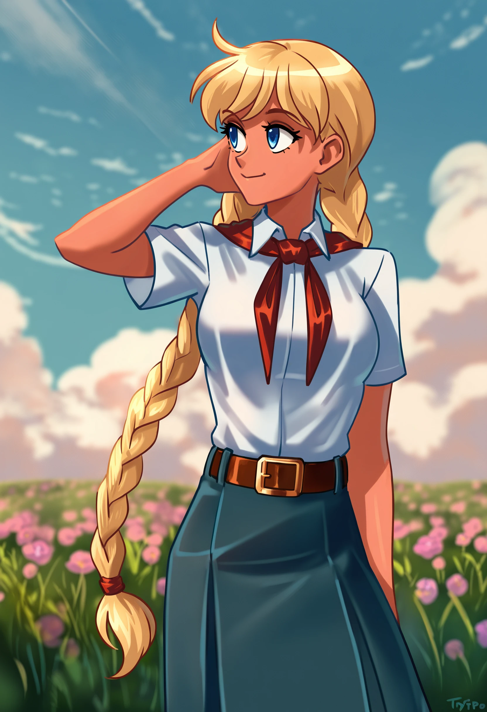 masterpiece, best quality, absurdres, color contrast, gritty, optionaltypo,
cowboy shot, 
1girl, sl, long hair, blonde hair, long twin braids, blue eyes, medium breasts, 

white collared shirt, blue skirt, red neckerchief, short sleeves, brown belt, nelt buckle, 
 
standing, grass, wind, summer, sky, clouds, flower field, smile, sunlight, 
 
 