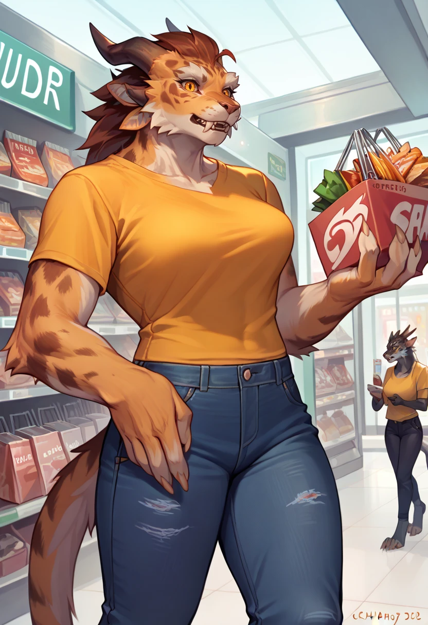 <lora:Charr:1>, score_9, score_8_up, score_7_up, charr,  yellow shirt, black jeans, female, furry, source_furry, shopping, mall, clothes