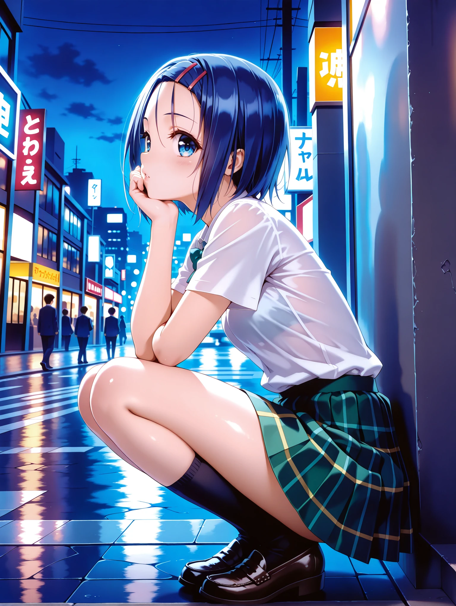 masterpiece,best quality,amazing quality,solo,1girl,
<lora:s_haruna_ilxl_v1:1>,h_clip,blue hair,blue eyes,h_clothes,short sleeve blouse,school uniform,green plaid skirt,black socks,loafers,
<lora:Fixhands_anime_bdsqlsz_V1:1>,profile,looking_at_viewer,city,street,night,dynamic_angle,cinematic_angle,cowboy_shot,squatting,cheek rest,