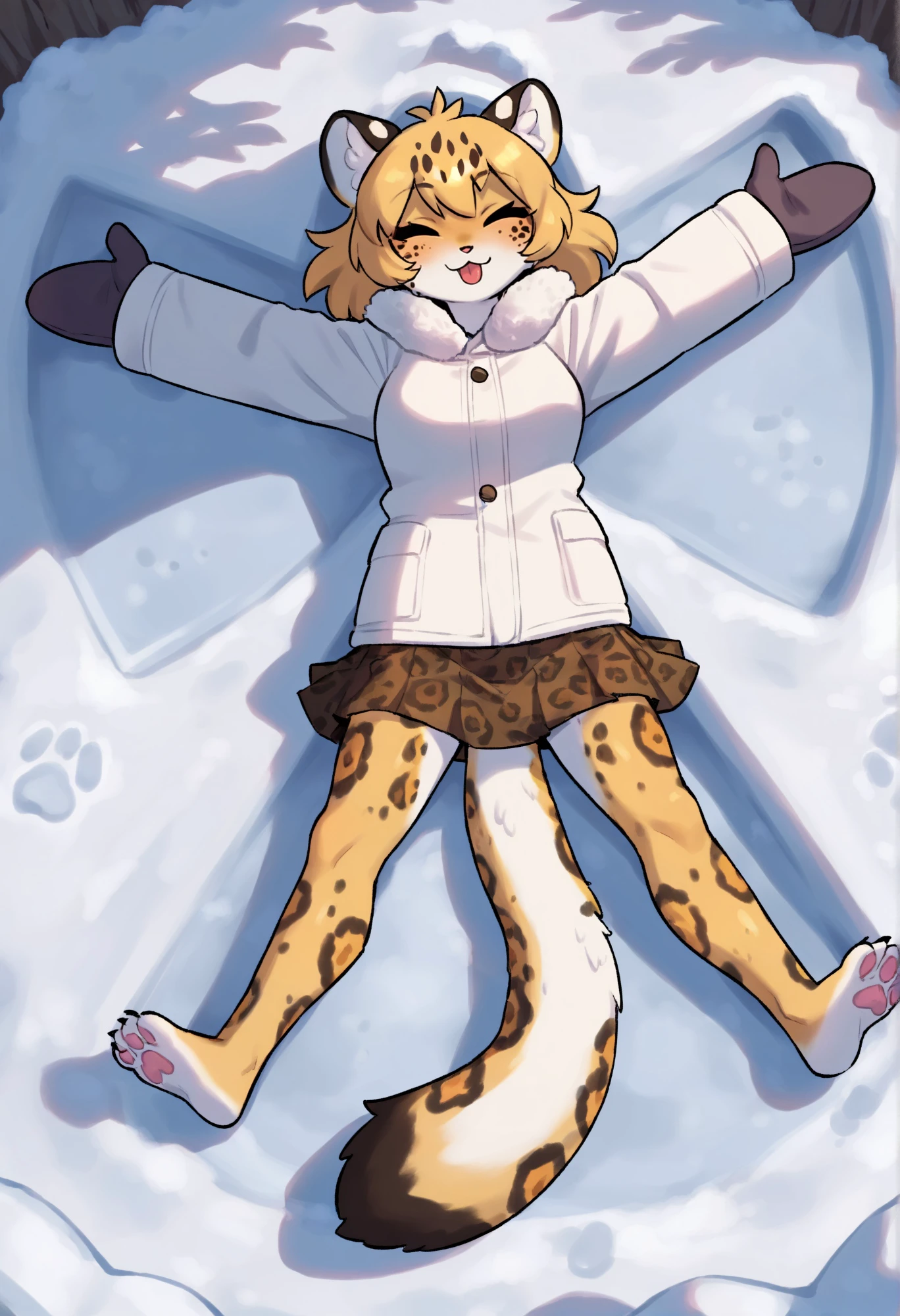 masterpiece, best quality, newest, safe,
very awa, snongel, 1girl, :3, arms up, barefoot, closed eyes, coat, footprints, from above, full body, furry, happy, legs apart, leopard ears, leopard girl, leopard print, leopard tail, long sleeves, lying, mittens, monster girl, on back, pleated skirt, short hair, smile, snow, solo, spread arms, tail between legs, tongue, white fur, winter clothes