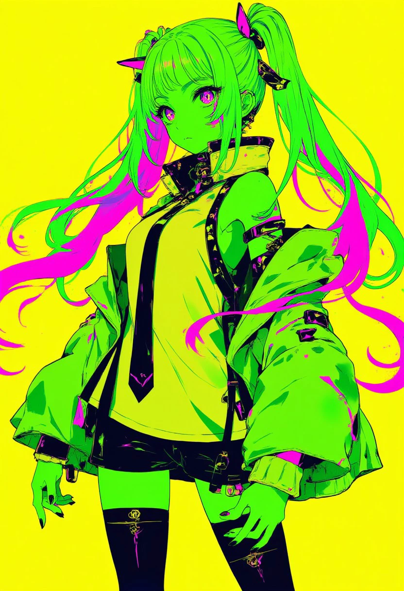 high contrast neon anime style in lime green and bright yellow and magenta, Raijin, HCANstyle