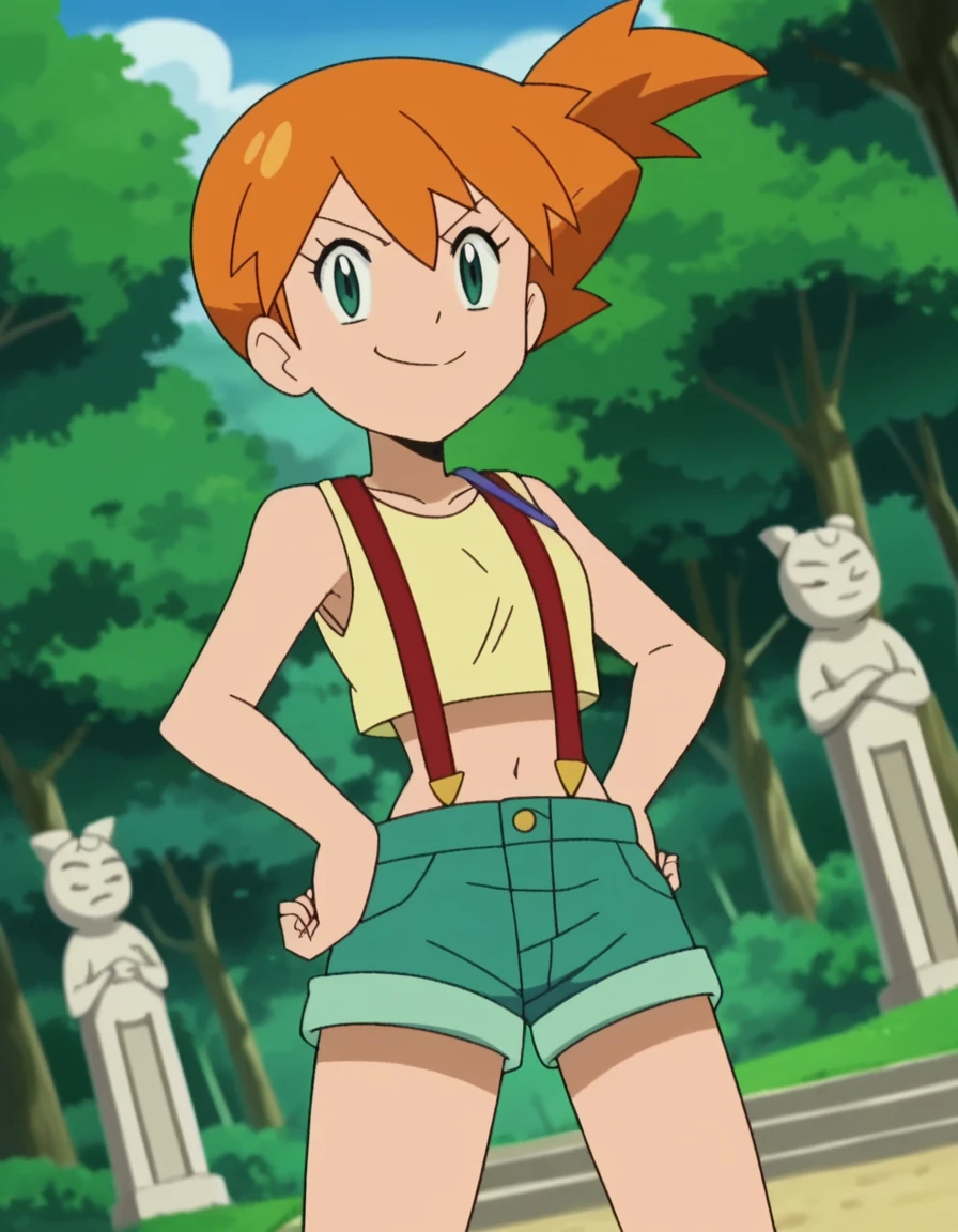 score_9, score_8_up, score_7_up, source_anime, <lora:misty-s25-ponyxl-lora-nochekaiser:1>, misty, misty (pokemon), short hair, green eyes, orange hair, side ponytail, anime screencap, shirt, navel, shorts, midriff, crop top, suspenders, green shorts, suspender shorts,, shrine, holy, statues, trees, sacred, , smug, hands on own hip,, looking at viewer, solo,, dutch angle, cowboy shot