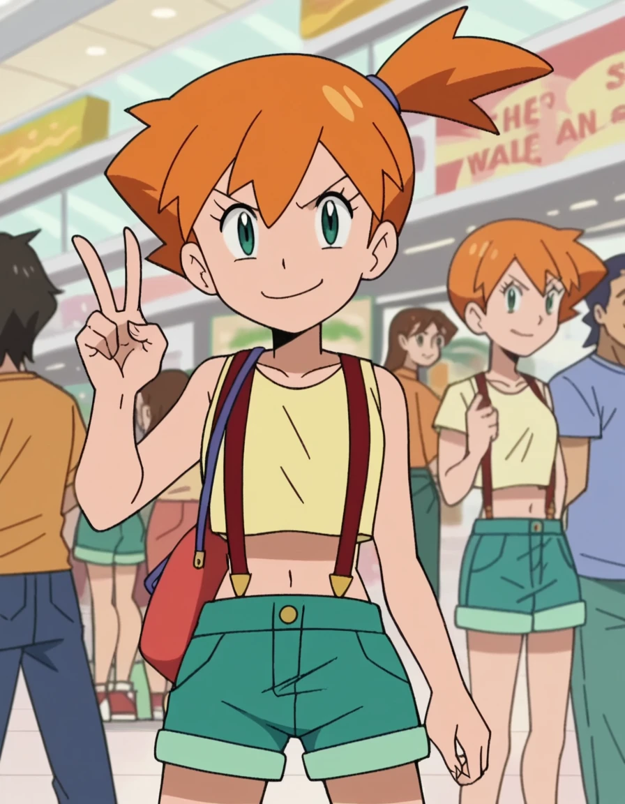 score_9, score_8_up, score_7_up, source_anime, <lora:misty-s25-ponyxl-lora-nochekaiser:1>, misty, misty (pokemon), short hair, green eyes, orange hair, side ponytail, anime screencap, shirt, navel, shorts, midriff, crop top, suspenders, green shorts, suspender shorts,, mall, shops, people, shopping, big, , v, v over mouth, smug,, looking at viewer, solo,, dutch angle, cowboy shot