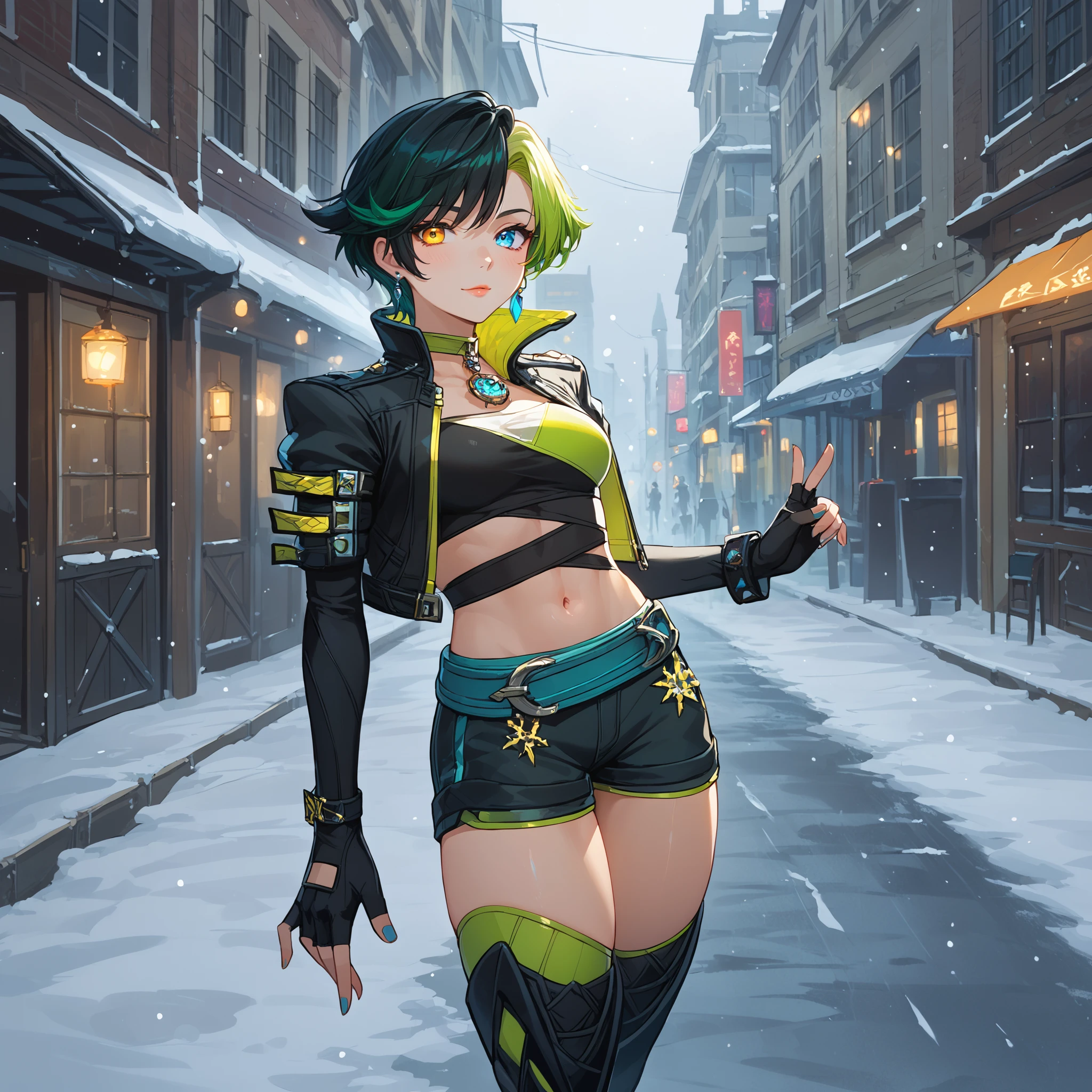 score_9, score_8_up, score_7_up,,hyper-detailed anime illustration of outdoor, street, winter, snowing, , anime art style, every element meticulously crafted, complex backgrounds with rich textures and depth, vibrant and harmonious color palette, dynamic lighting and shadows, capturing fine details in every scene, magical or surreal atmosphere, lifelike gestures and movements, elaborate compositions with multiple layers of detail, blending realism and anime aesthetics, fully immersive and visually captivating storytelling, closeup portrait photography, beautiful eyes, capturing emotion, personality, flattering lighting, professional, engaging, compelling composition,,heterochromia, lun4mb, 1girl, solo, short hair, jacket, shorts, gloves, green hair, thighhighs, multicolored hair, black hair, yellow eye, blue eye, midriff, fingerless gloves, cropped jacket, boots, navel, thigh boots, black footwear,