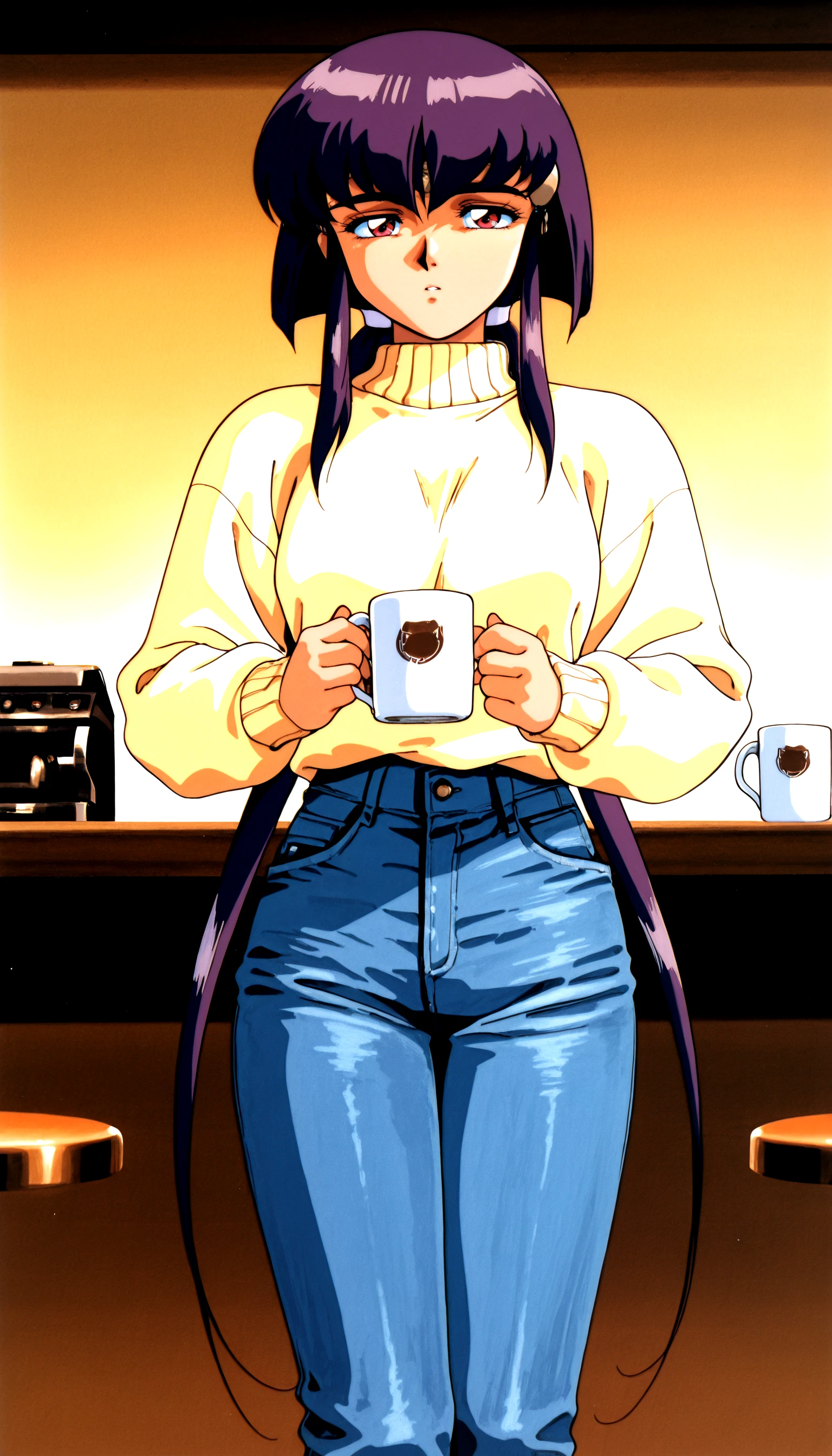 solo <lora:AekaILV9_epoch_11:0.99> masaki_aeka_jurai, retro_artstyle, solo, sweater, jeans, cafe, coffee_mug, masterpiece,best quality,absurdres, amazing quality