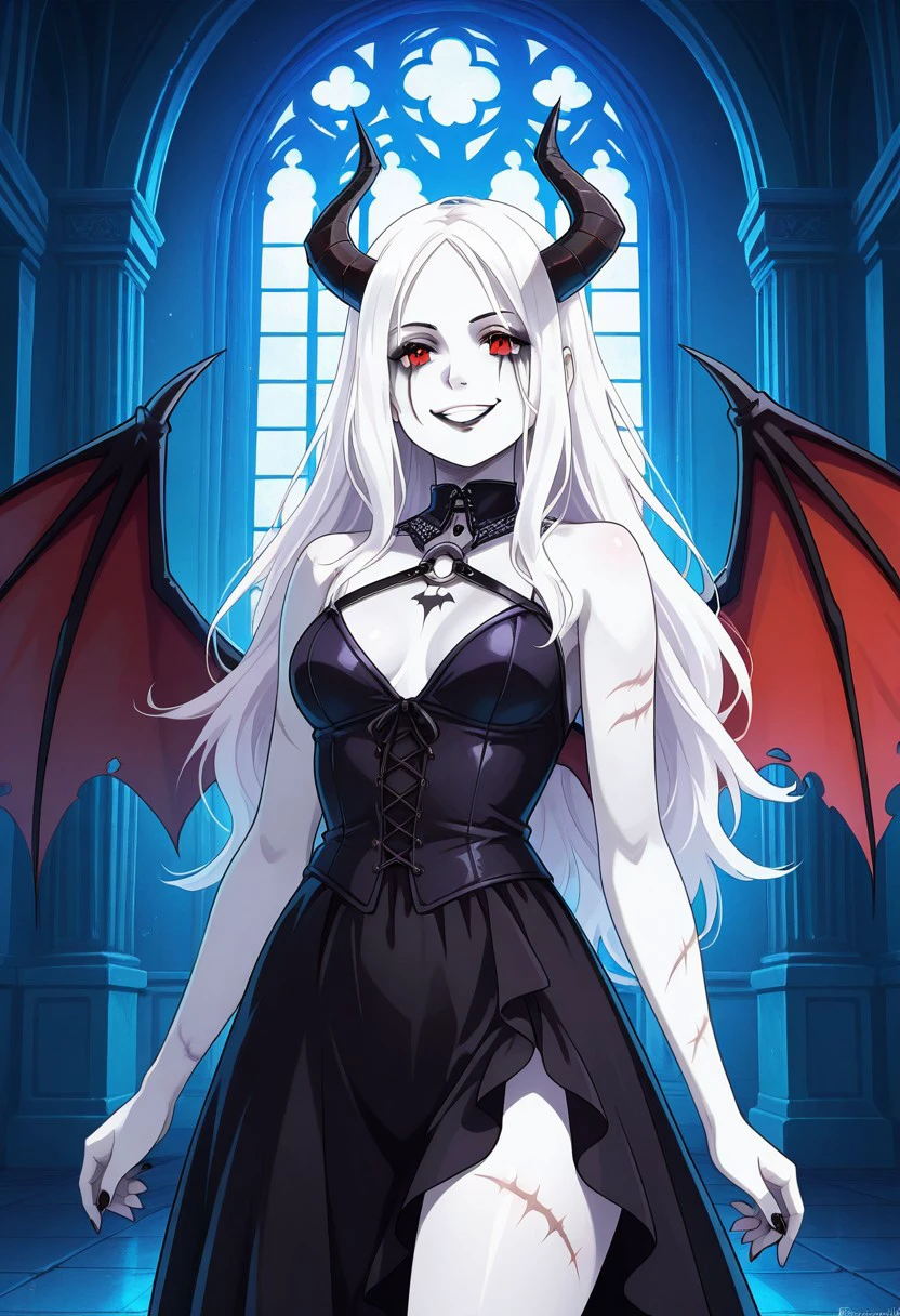 masterpiece, best quality, newest, absurdres, highres, 
anime, anime style, BetterScarsIL-v1.0, scar, 1girl, white skin, white colored skin, pale skin, albino, albino skin, horns, demon horns, demon girl, succubus, wings, bat wings, demon wings, goth, goth girl, goth makeup, runny makeup, smile, grin, closed mouth,