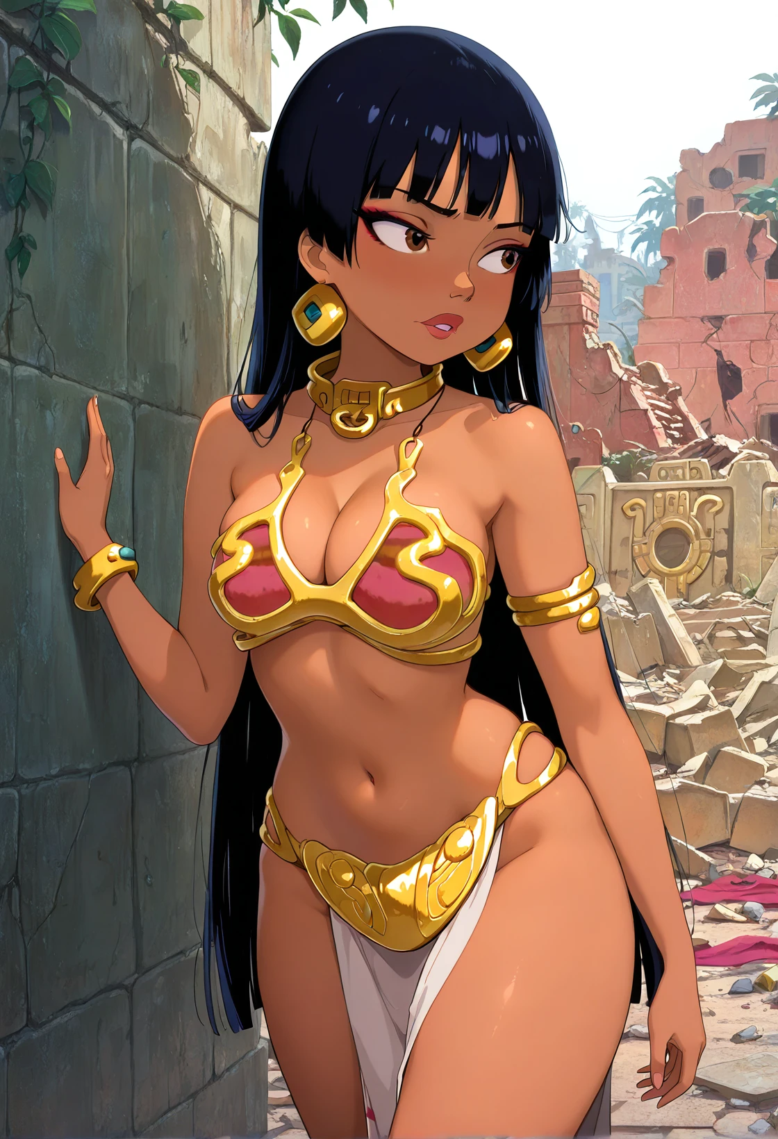 masterpiece, best quality, 1girl, Chel From The Road To El Dorado, slave leia outfit, looking to the side, cleavage, cowboy shot, against wall, ruins, aztec
<lora:Slavekini_IL:1>, newest, absurdres, highres <lora:ChelNoobAIvPred:.8>