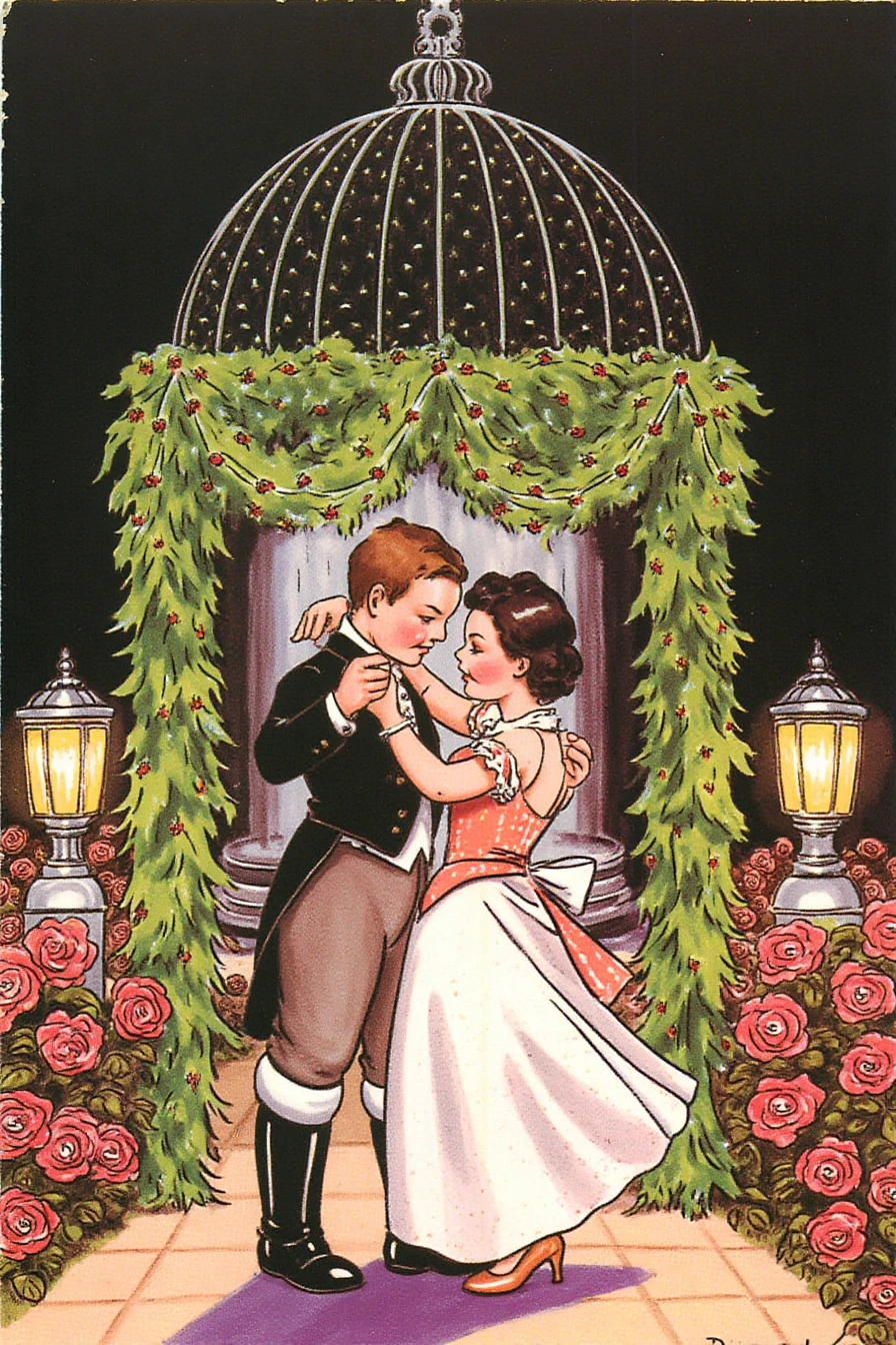 An illustration of a secluded steam-era garden bathed in the soft glow of gas lanterns, where an elegant couple shares a quiet dance beneath an ornate wrought-iron gazebo draped in ivy and twinkling lights. The gentleman wears a tailored waistcoat and polished boots, while the lady’s flowing gown sways as they move gracefully. Around them, lush rose bushes and a trickling fountain create an intimate, dreamlike atmosphere, the mist of the fountain catching the warm light as it surrounds the couple in an ethereal embrace.