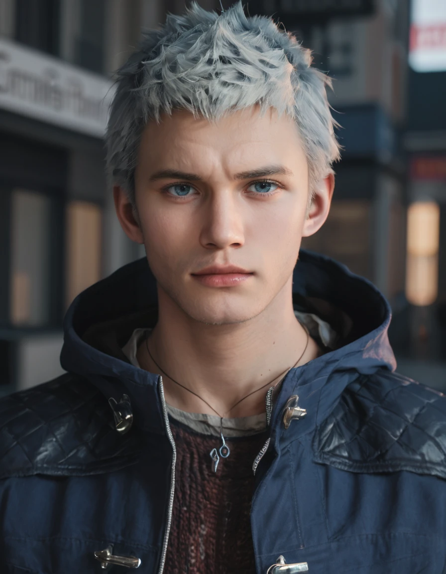 score_9, score_8_up, score_7_up, score_6_up, score_5_up, score_4, realistic, solo, outdoors
BREAK <lora:Nero_-_DMC_5_-_Pony:0.8> dmc5_nero, male, white hair, blue eyes, necklace, blue coat, hood down, sweater, portrait, looking at viewer